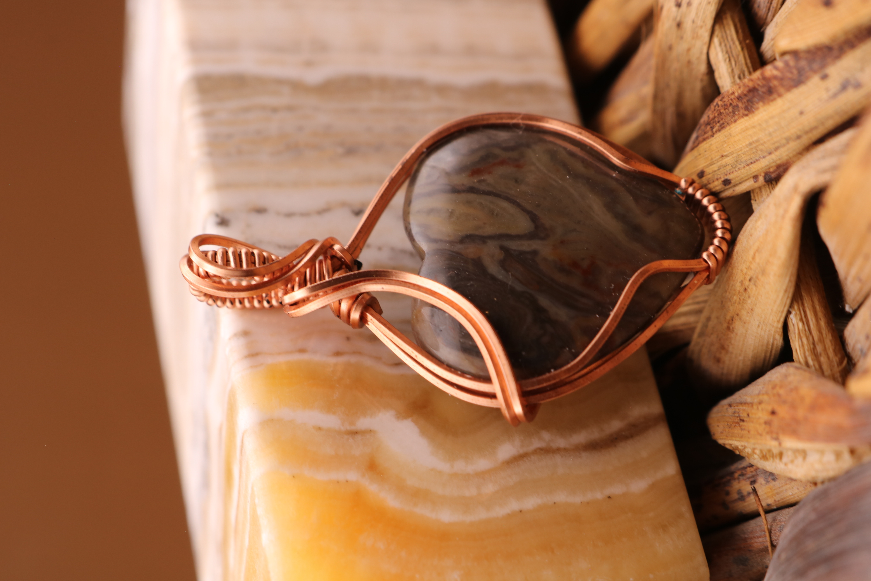 Copper Wire Wrapped Jasper Crystal Necklace Pendant