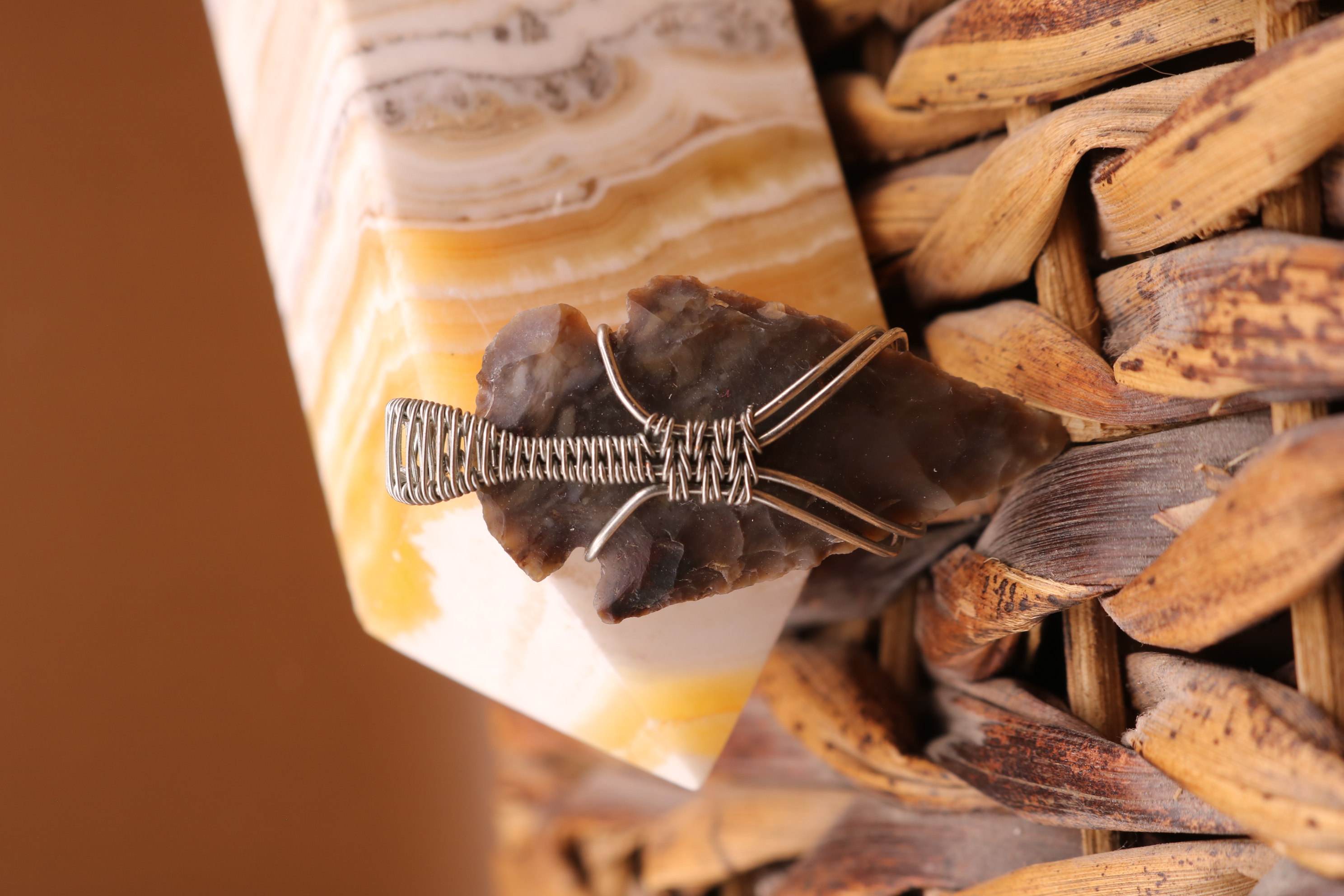 Silver Wire Wrapped Agate Crystal Arrowhead Necklace Pendant