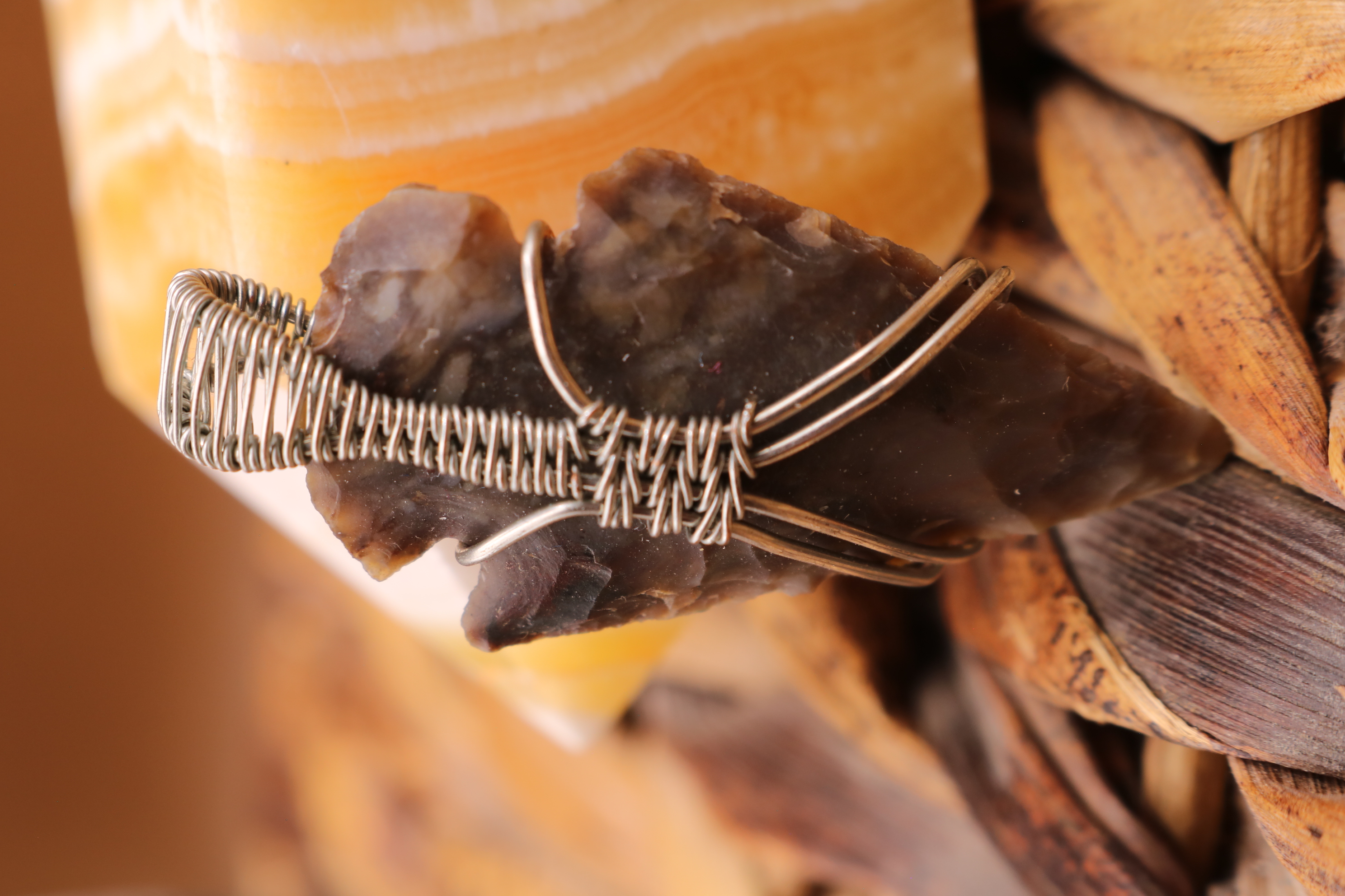 Silver Wire Wrapped Agate Crystal Arrowhead Necklace Pendant