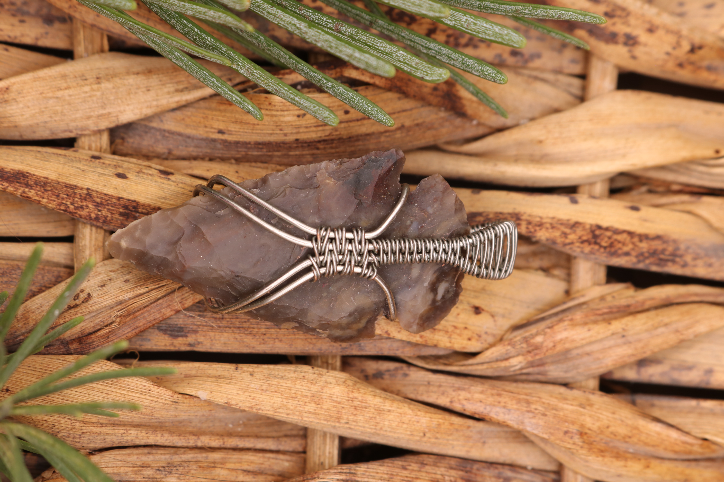 Silver Wire Wrapped Agate Crystal Arrowhead Necklace Pendant