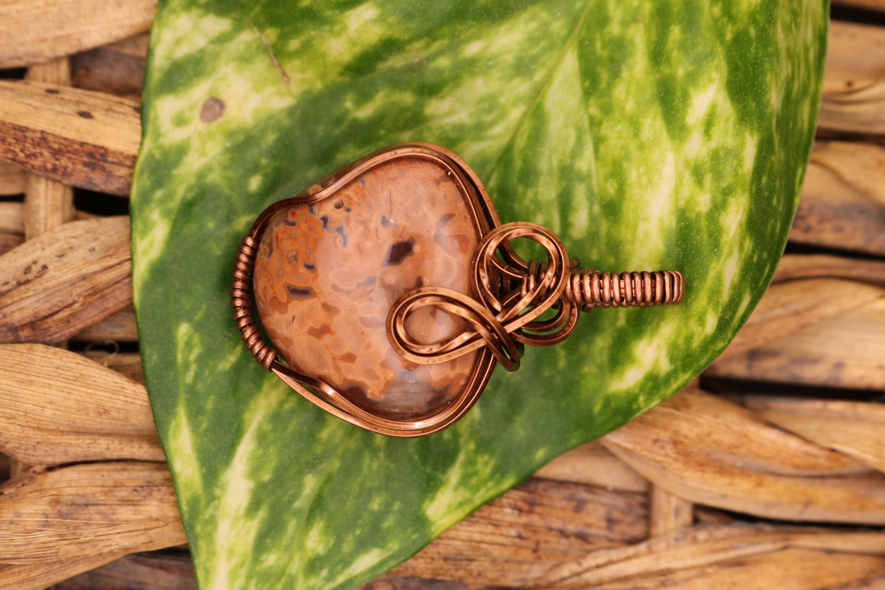Bronze Wire Wrapped Agate Crystal Necklace Pendant