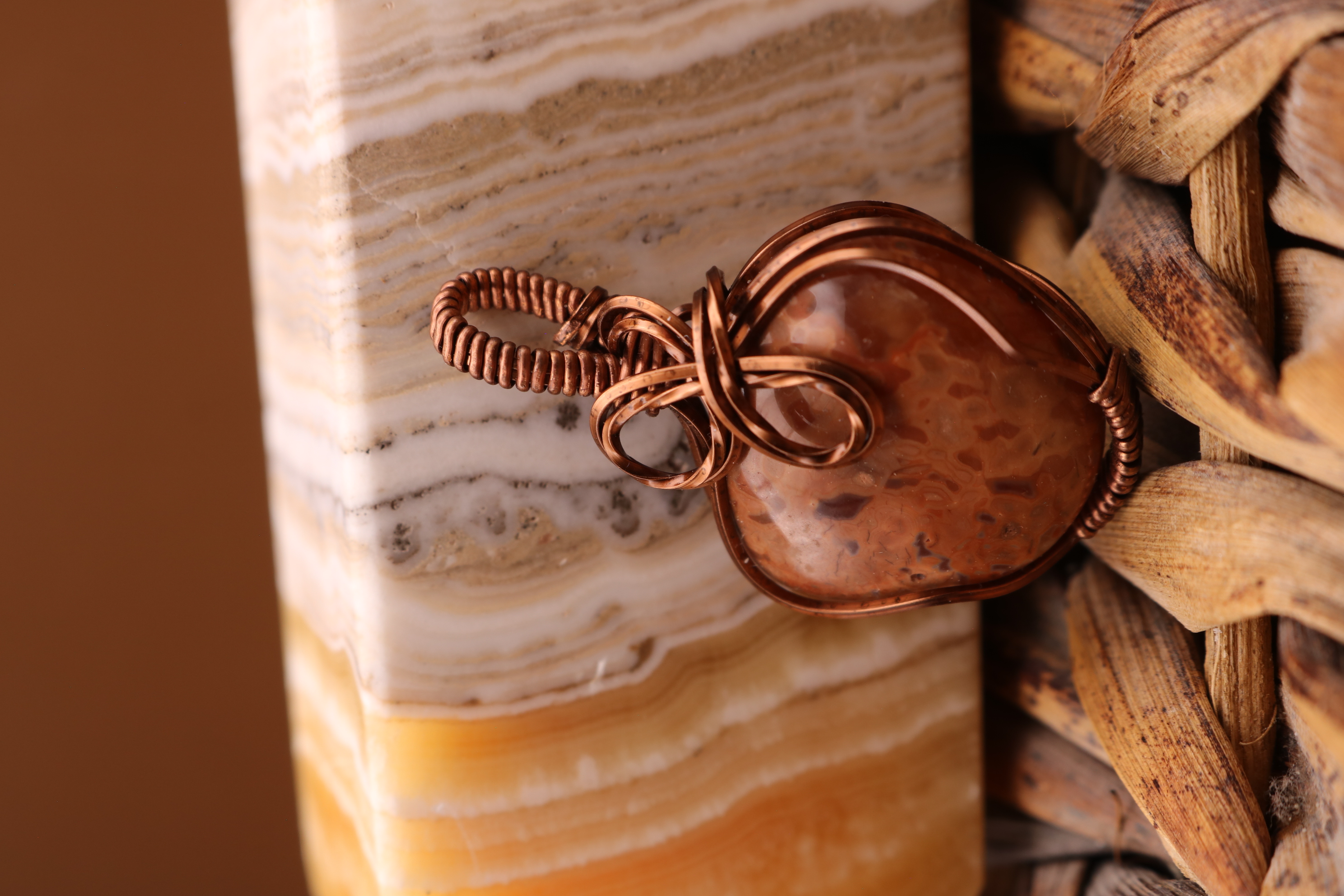 Bronze Wire Wrapped Agate Crystal Necklace Pendant