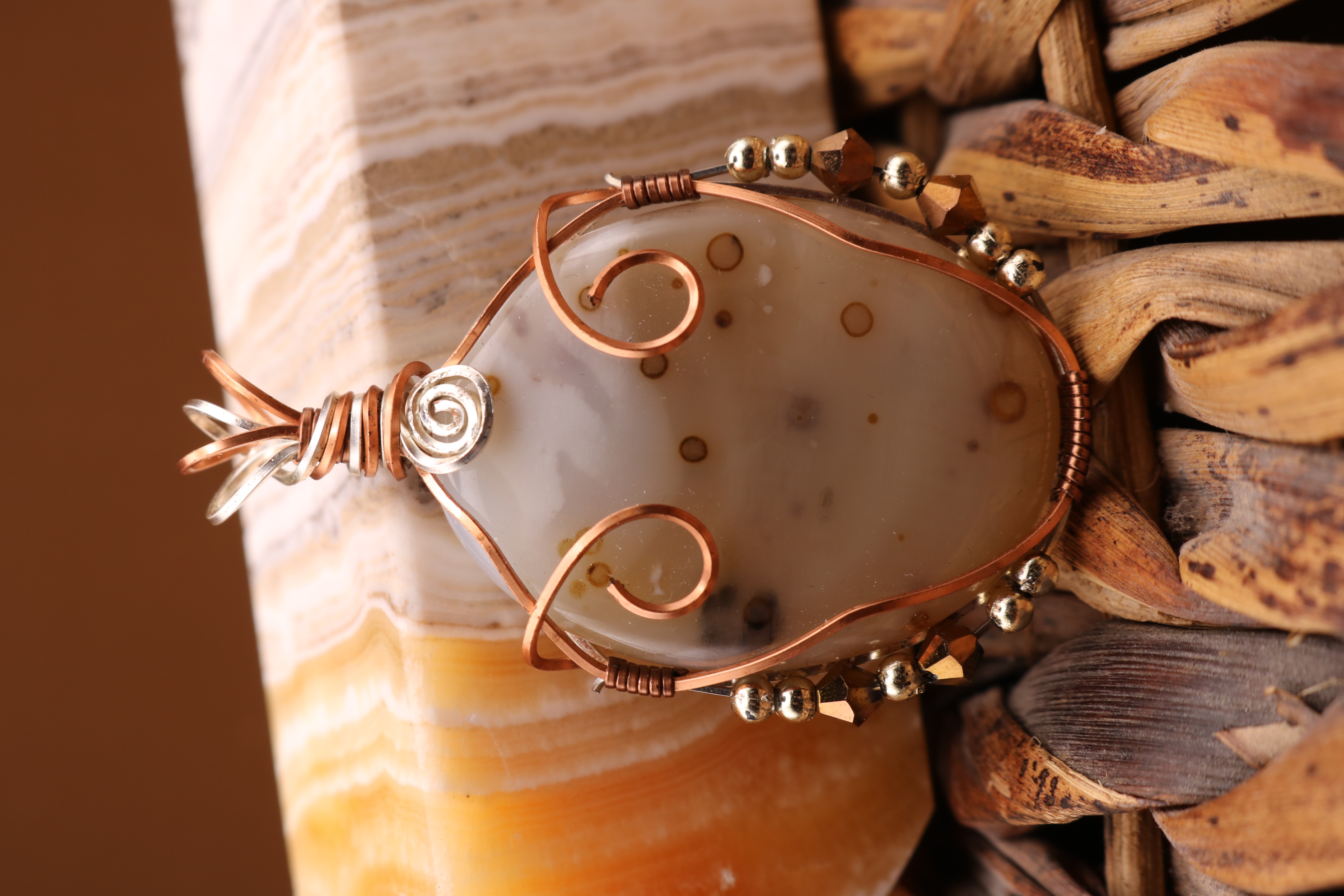Copper and Silver Wire Wrapped Agate Crystal Necklace Pendant