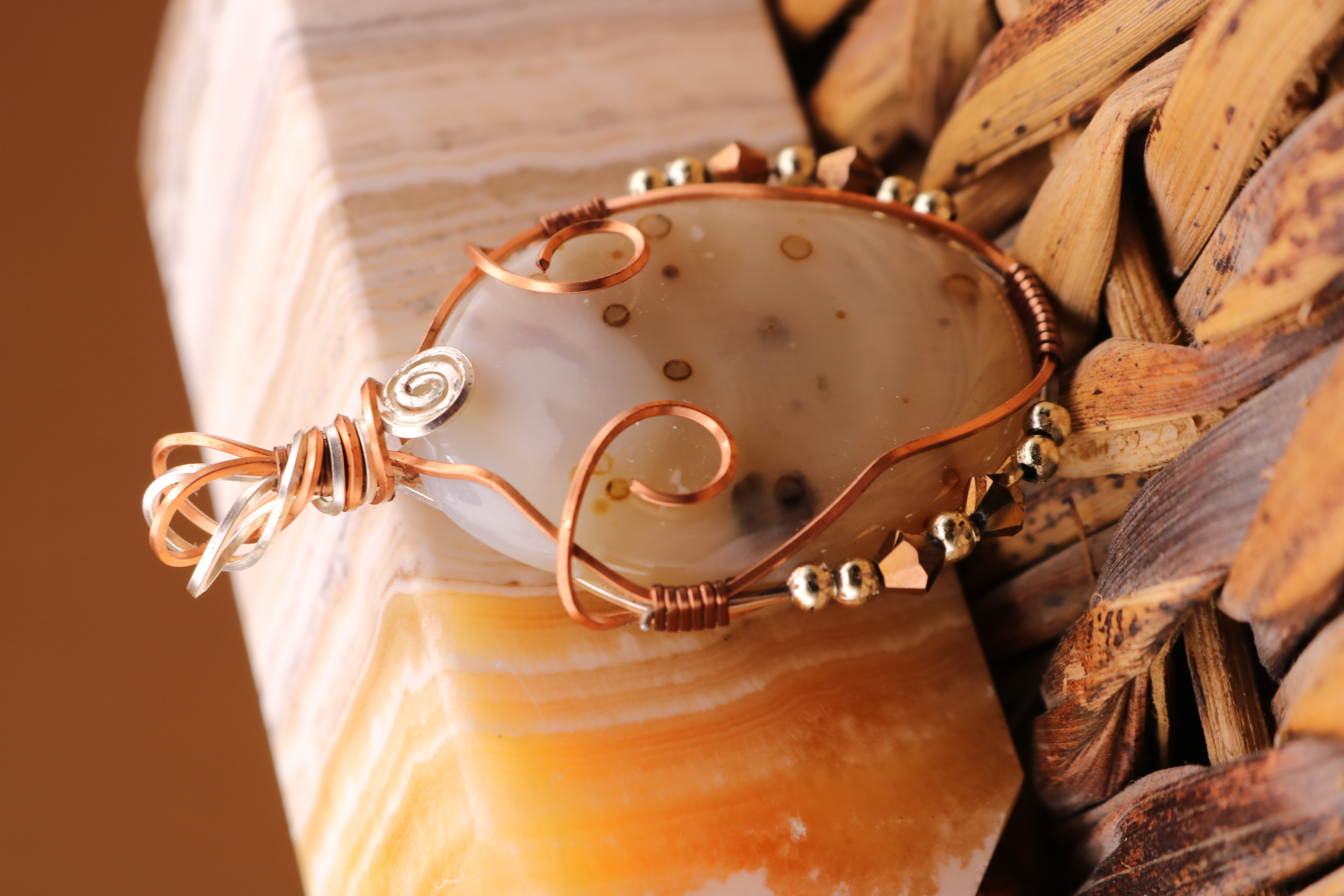 Copper and Silver Wire Wrapped Agate Crystal Necklace Pendant