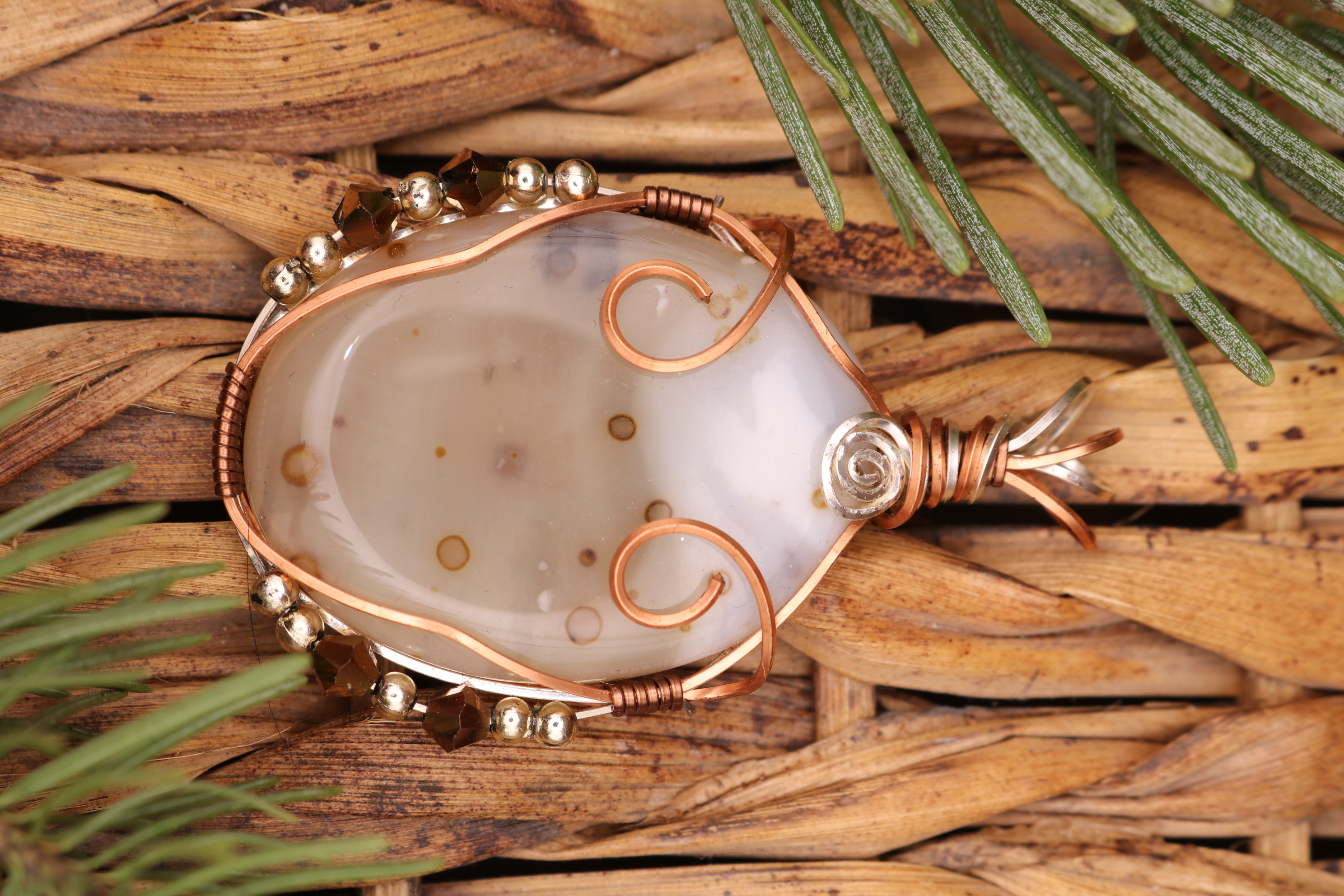 Copper and Silver Wire Wrapped Agate Crystal Necklace Pendant