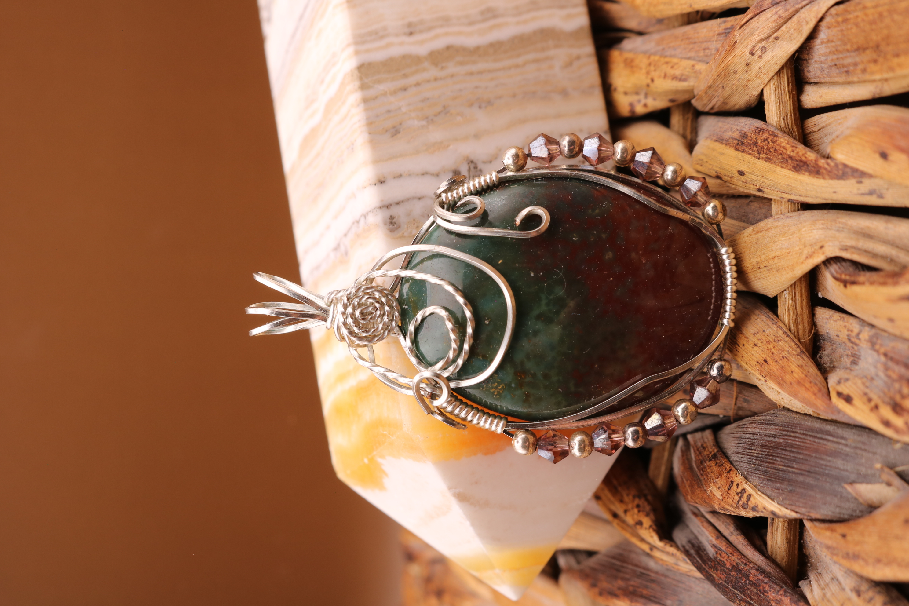 Silver Wire Wrapped Bloodstone Crystal Necklace Pendant