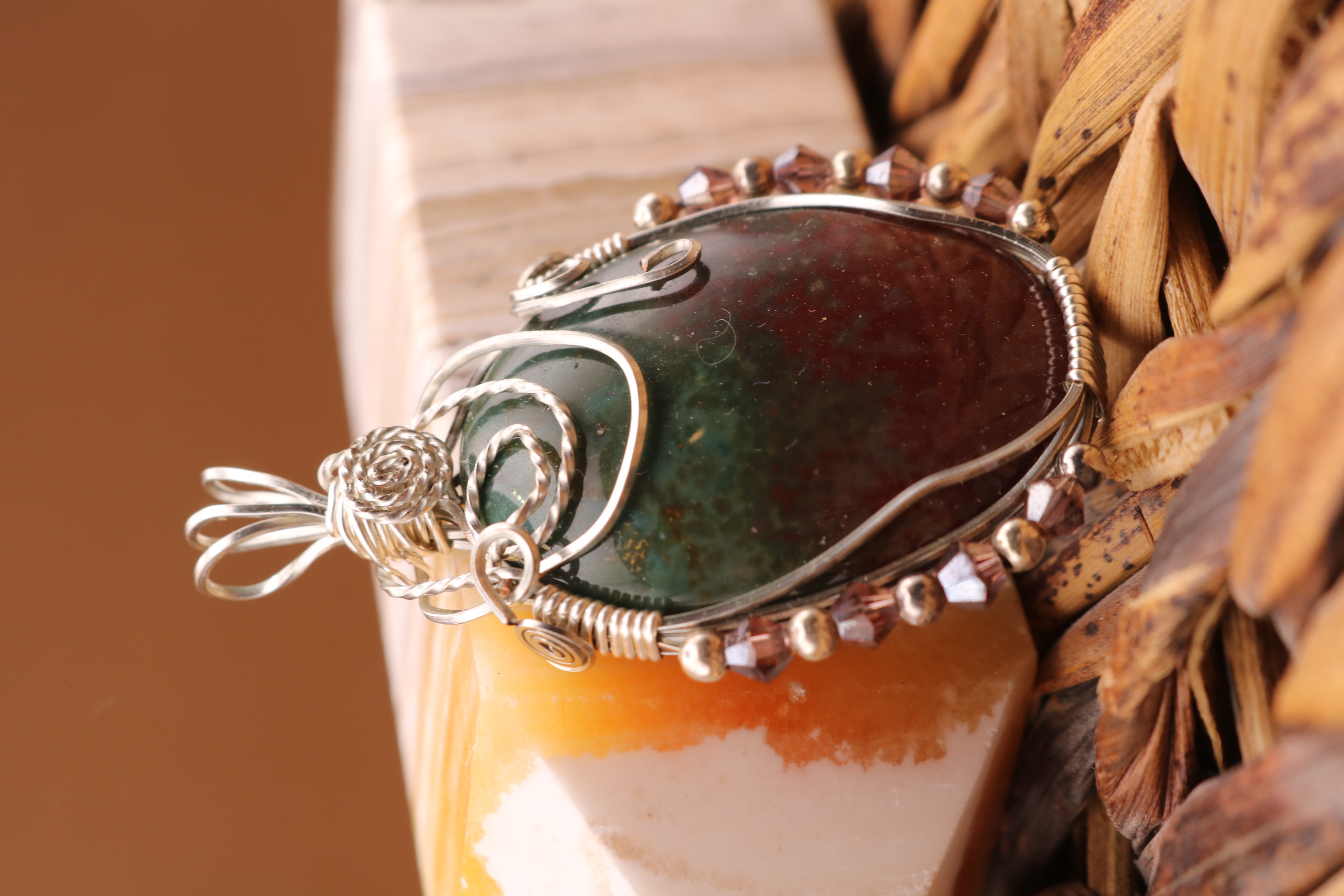 Silver Wire Wrapped Bloodstone Crystal Necklace Pendant