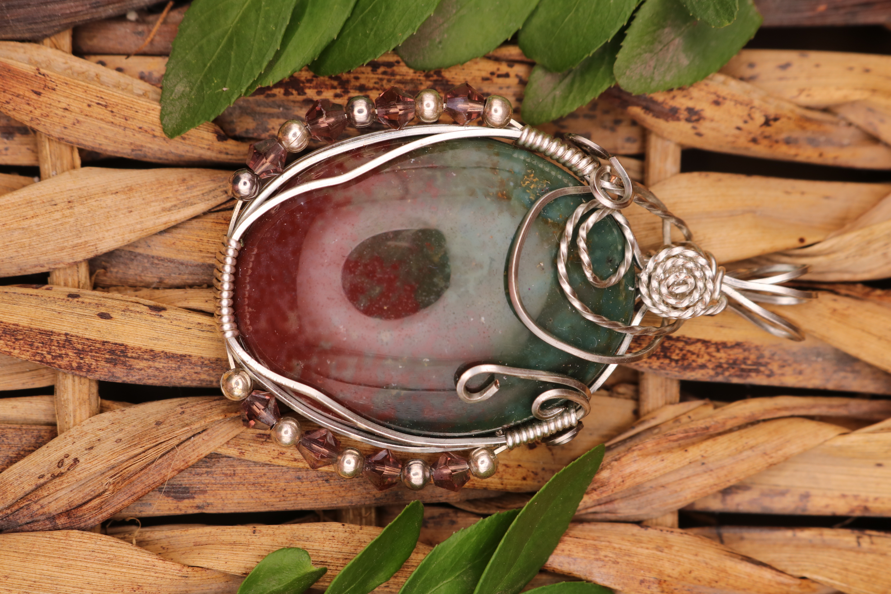 Silver Wire Wrapped Bloodstone Crystal Necklace Pendant