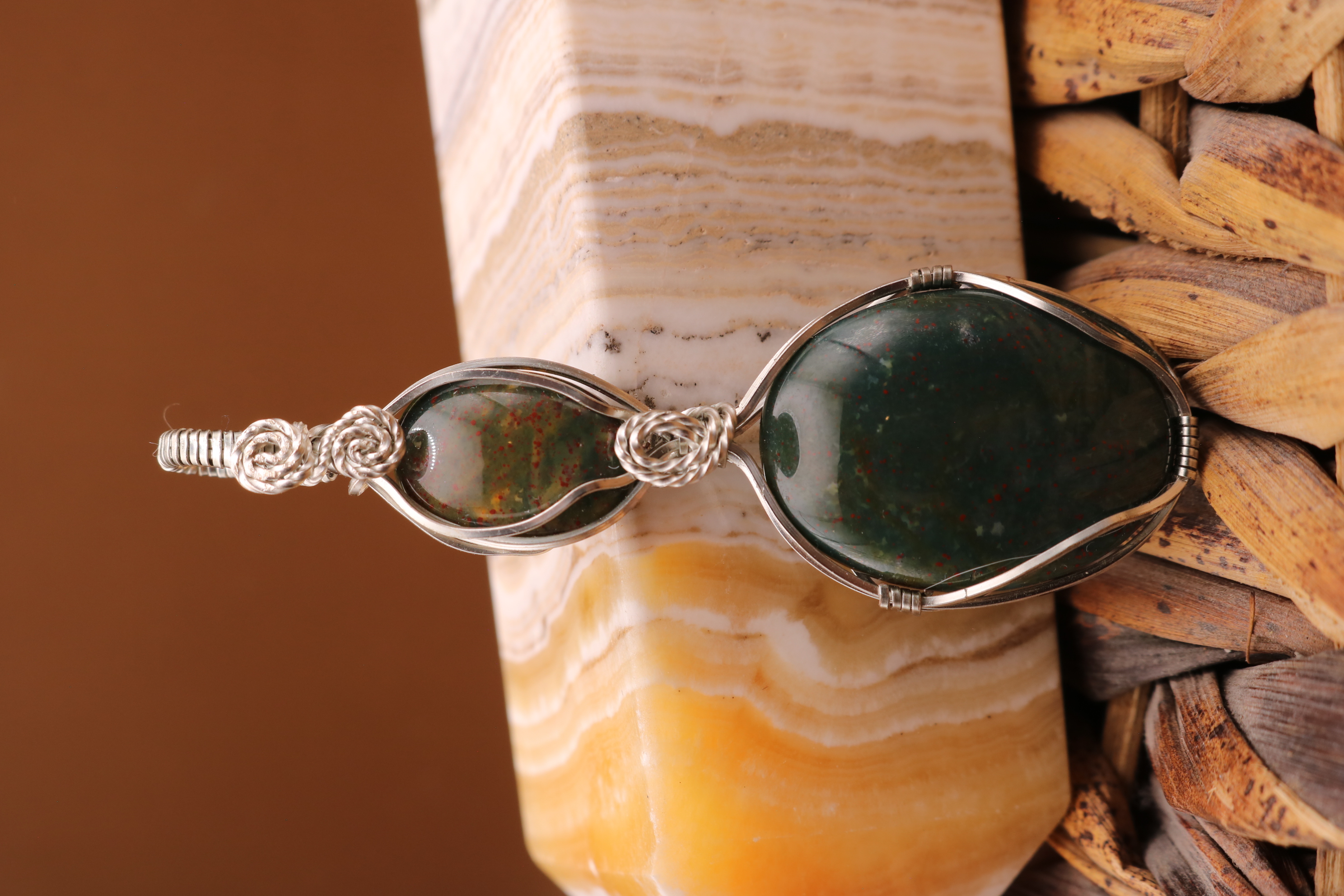 Silver Wire Wrapped Bloodstone Crystal Necklace Pendant