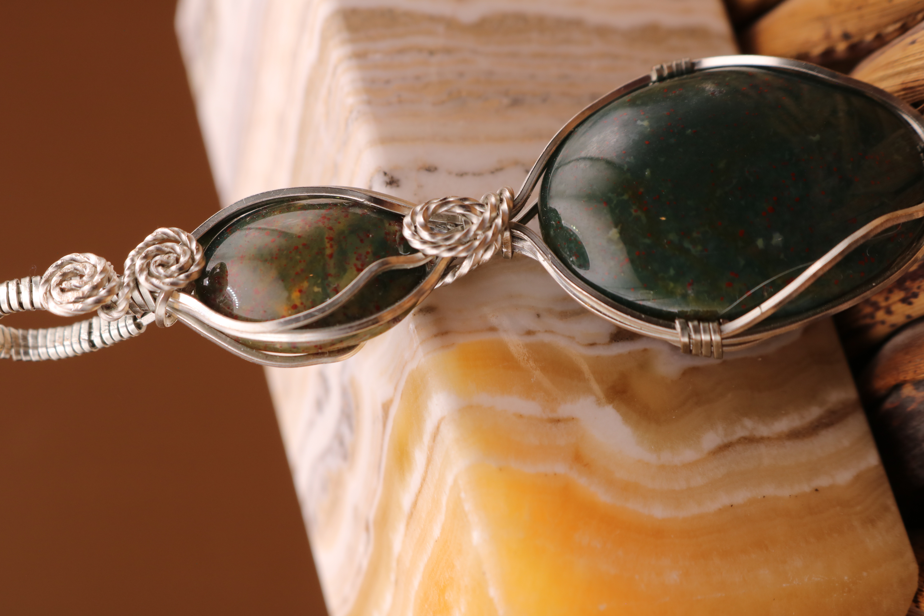 Silver Wire Wrapped Bloodstone Crystal Necklace Pendant