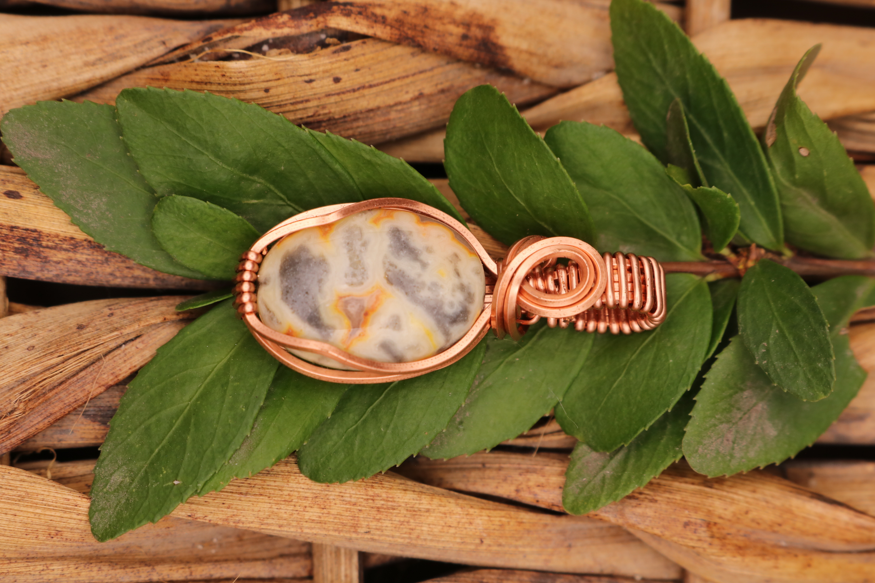Copper Wire Wrapped Crazy Lace Agate Crystal Necklace Pendant