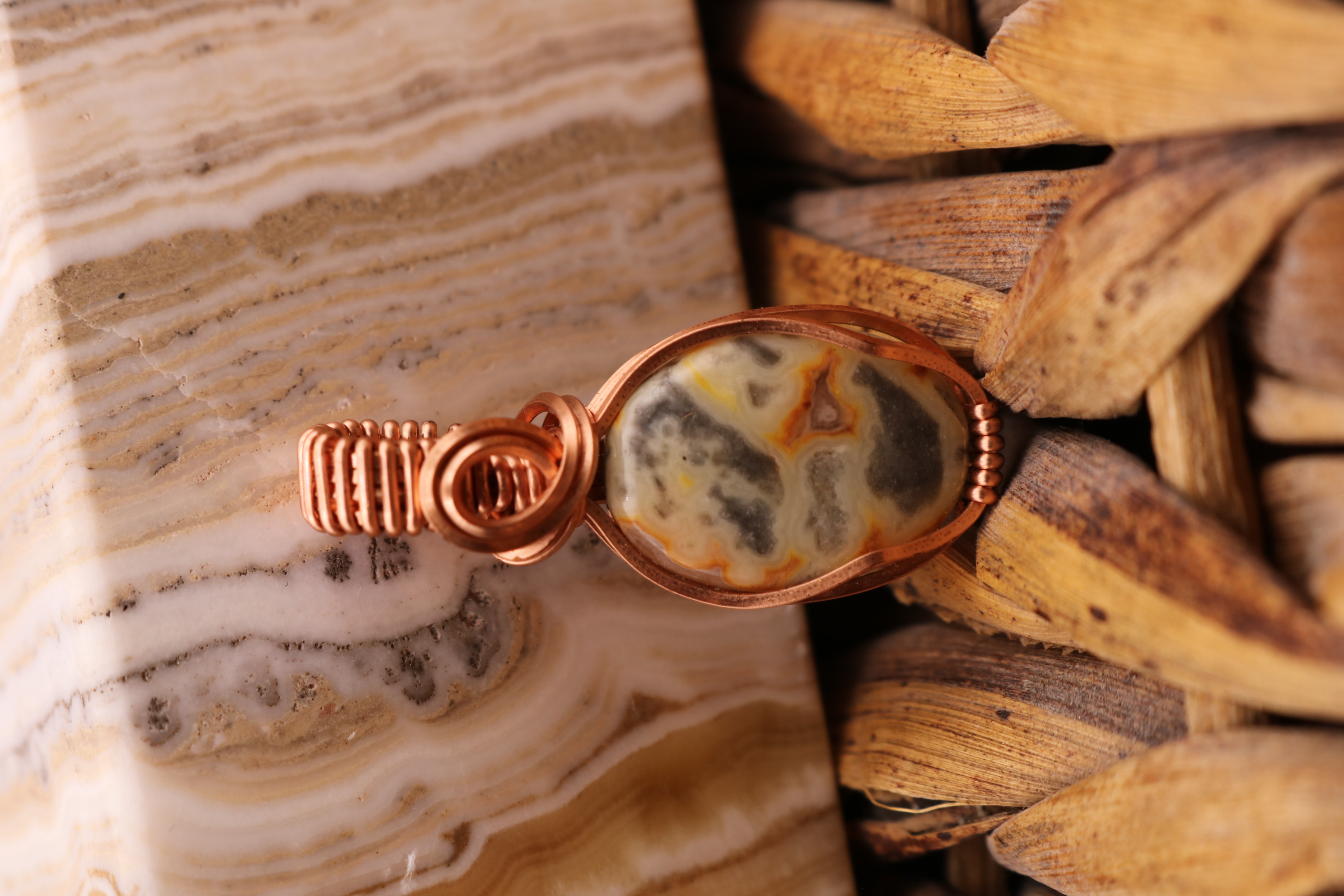 Copper Wire Wrapped Crazy Lace Agate Crystal Necklace Pendant