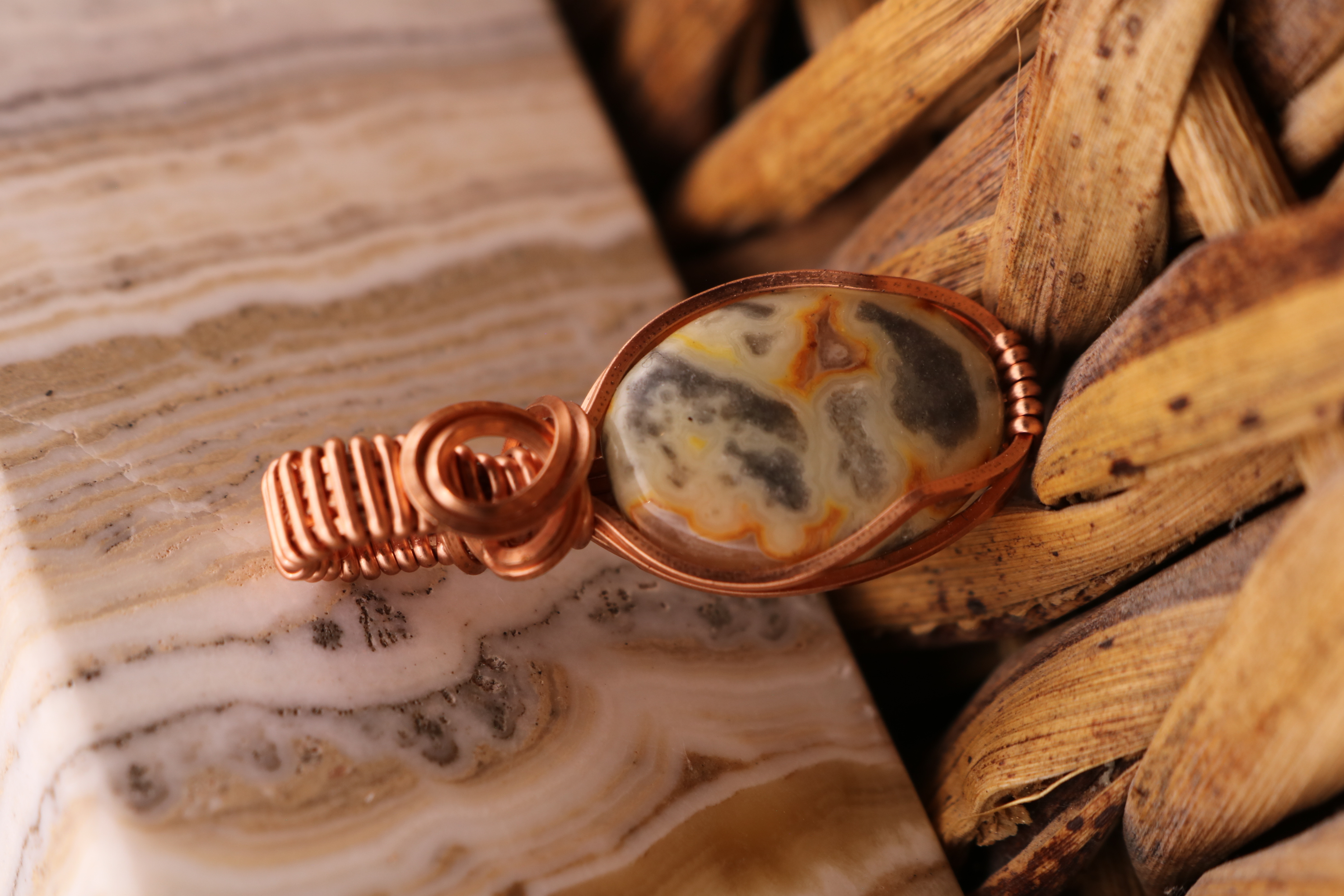 Copper Wire Wrapped Crazy Lace Agate Crystal Necklace Pendant