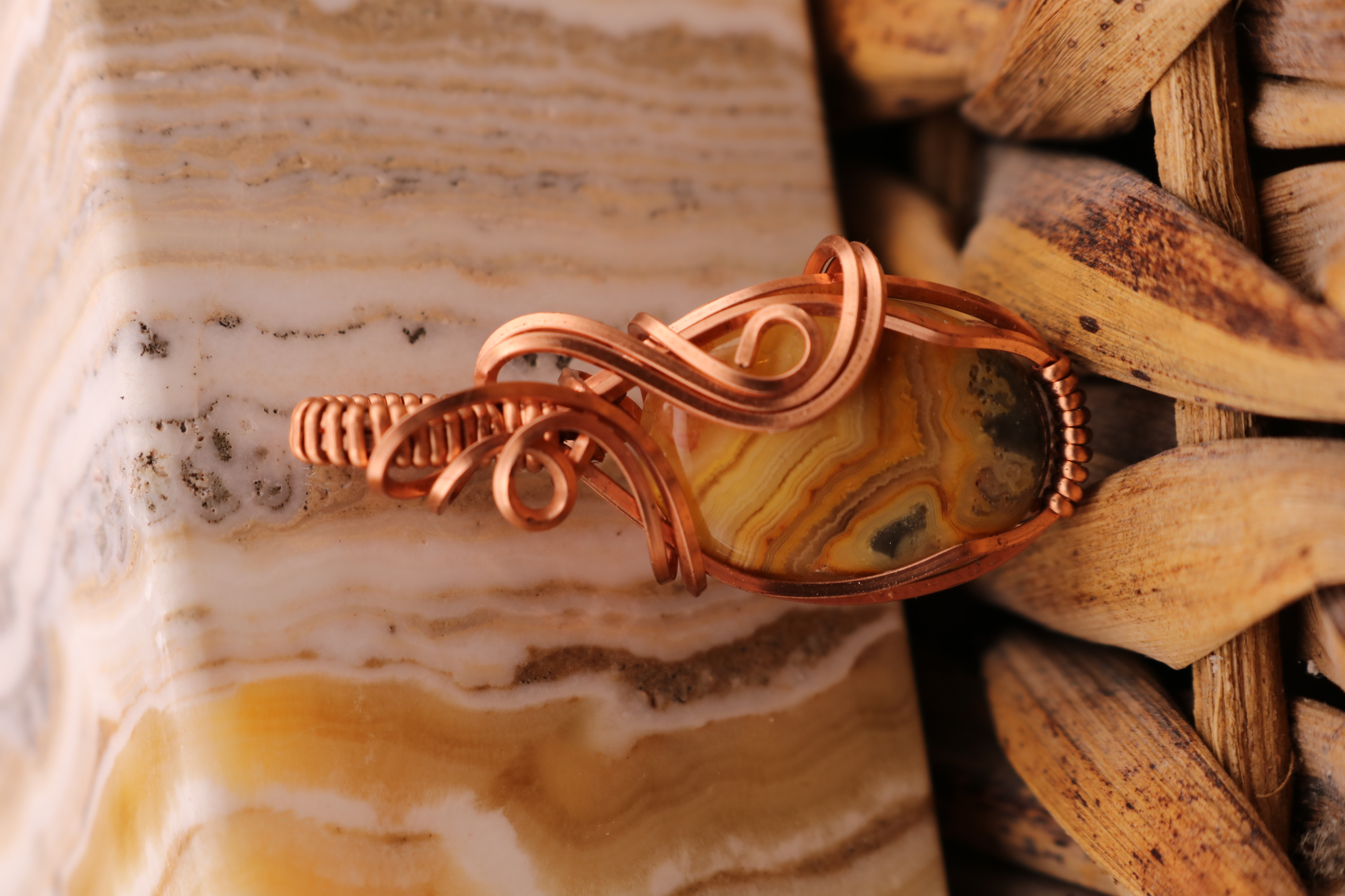 Copper Wire Wrapped Crazy Lace Agate Crystal Necklace Pendant