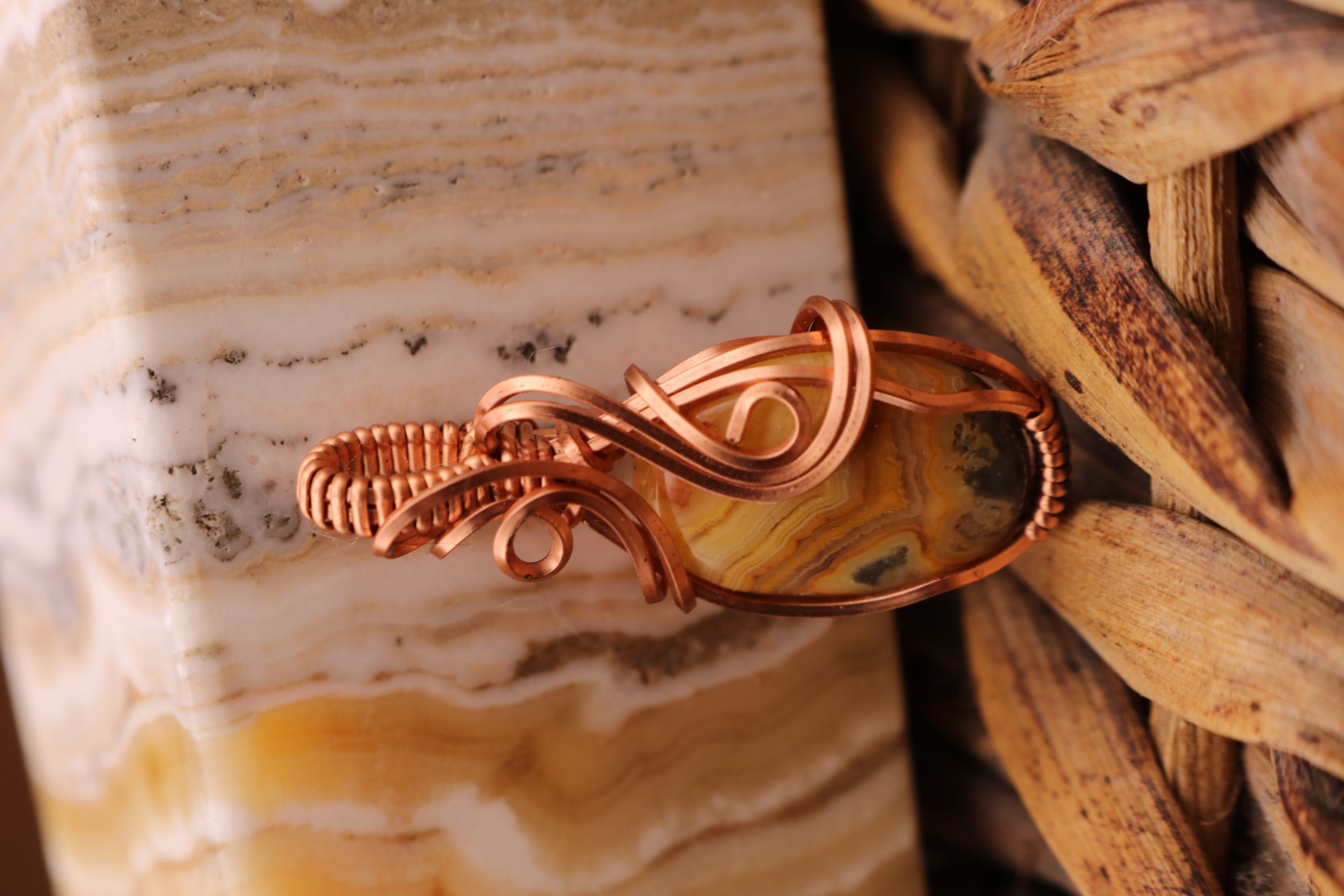 Copper Wire Wrapped Crazy Lace Agate Crystal Necklace Pendant