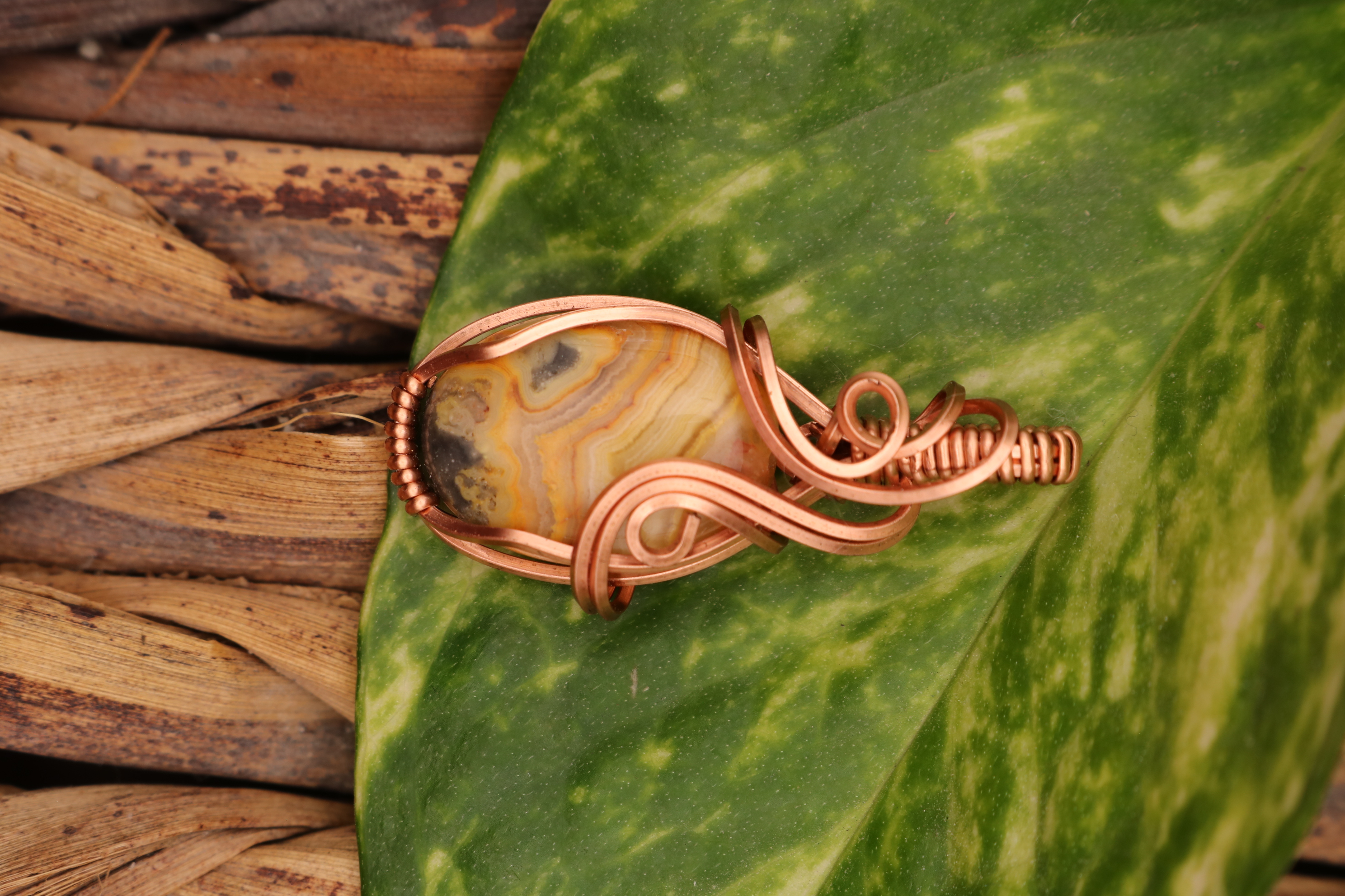Copper Wire Wrapped Crazy Lace Agate Crystal Necklace Pendant