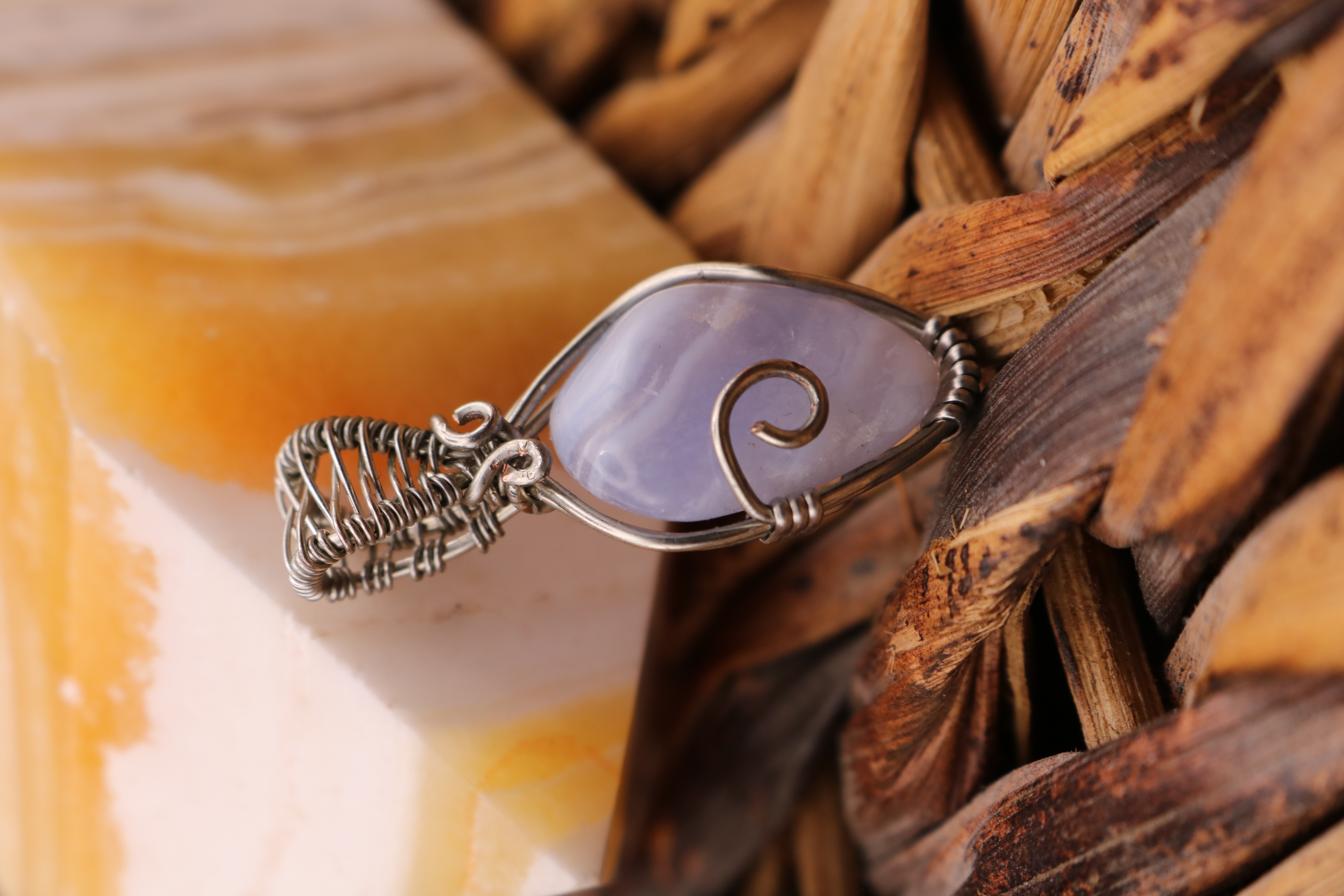 Silver Wire Wrapped Blue Lace Agate Crystal Necklace Pendant