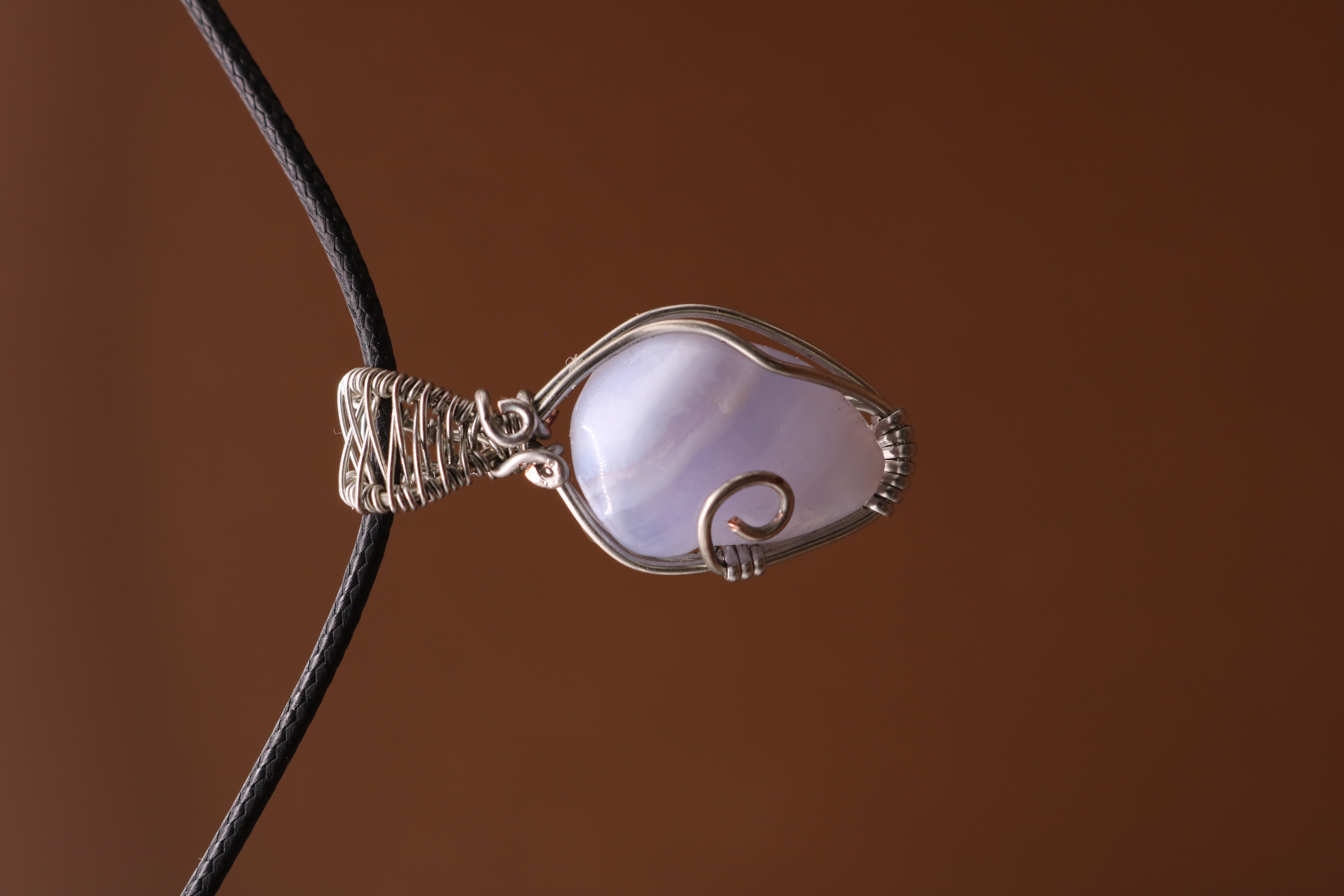 Silver Wire Wrapped Blue Lace Agate Crystal Necklace Pendant
