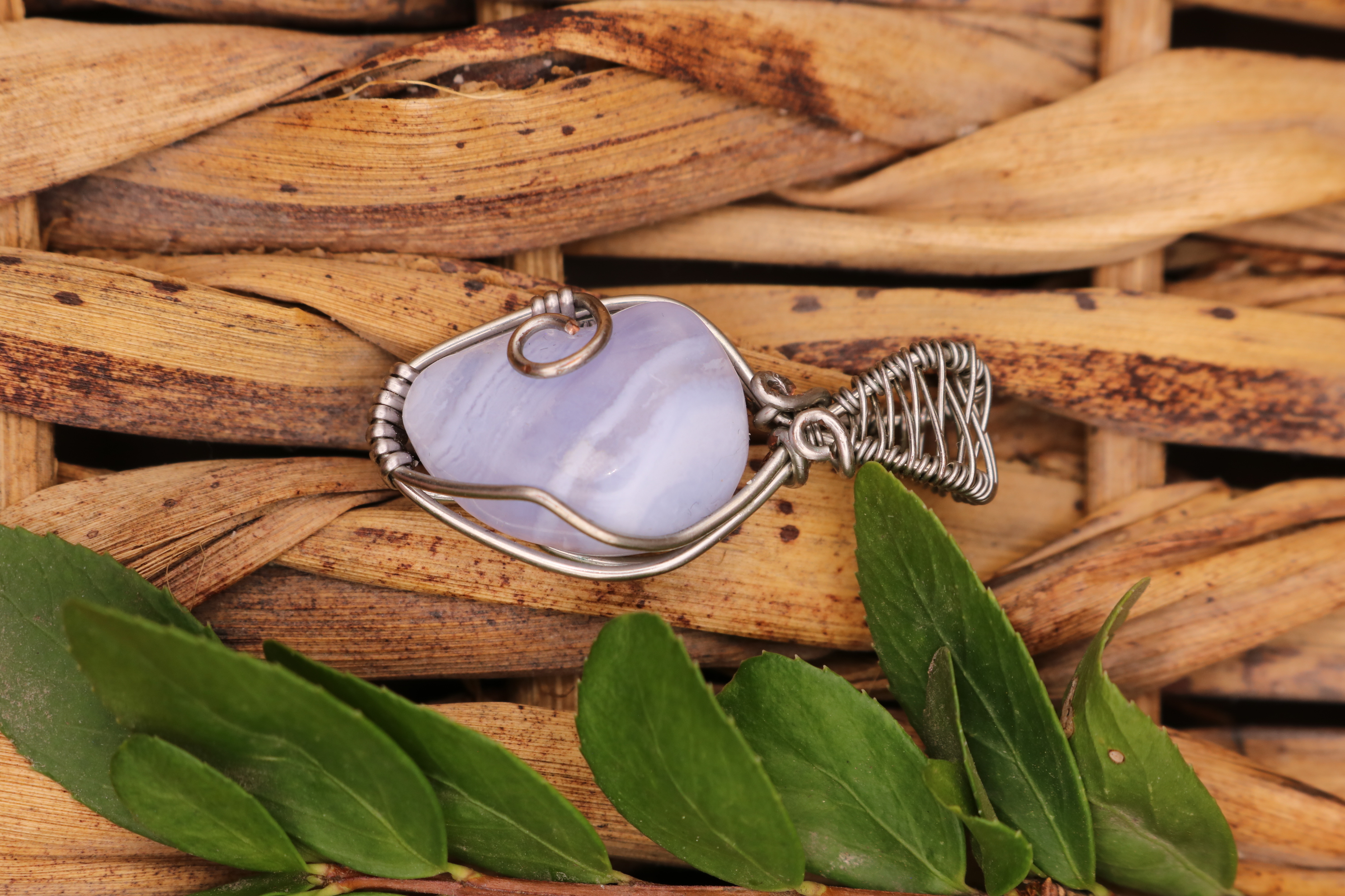 Silver Wire Wrapped Blue Lace Agate Crystal Necklace Pendant