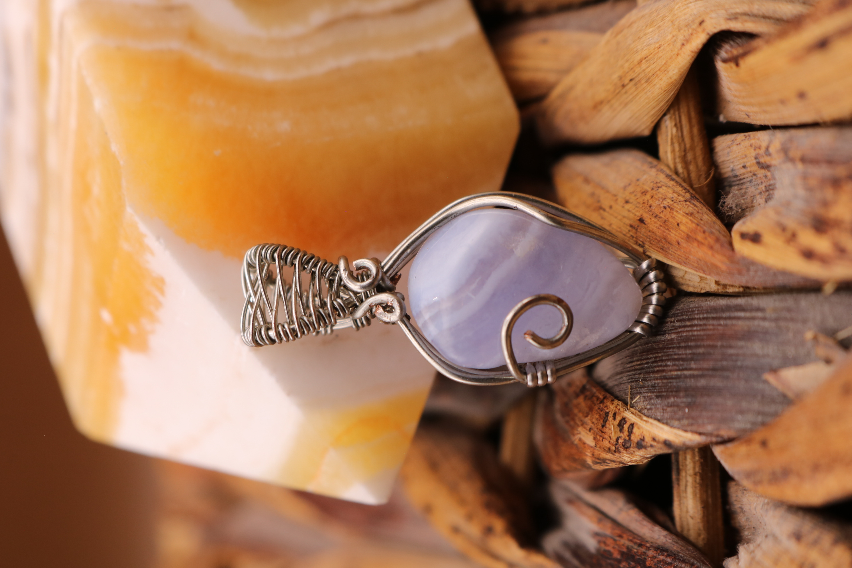 Silver Wire Wrapped Blue Lace Agate Crystal Necklace Pendant