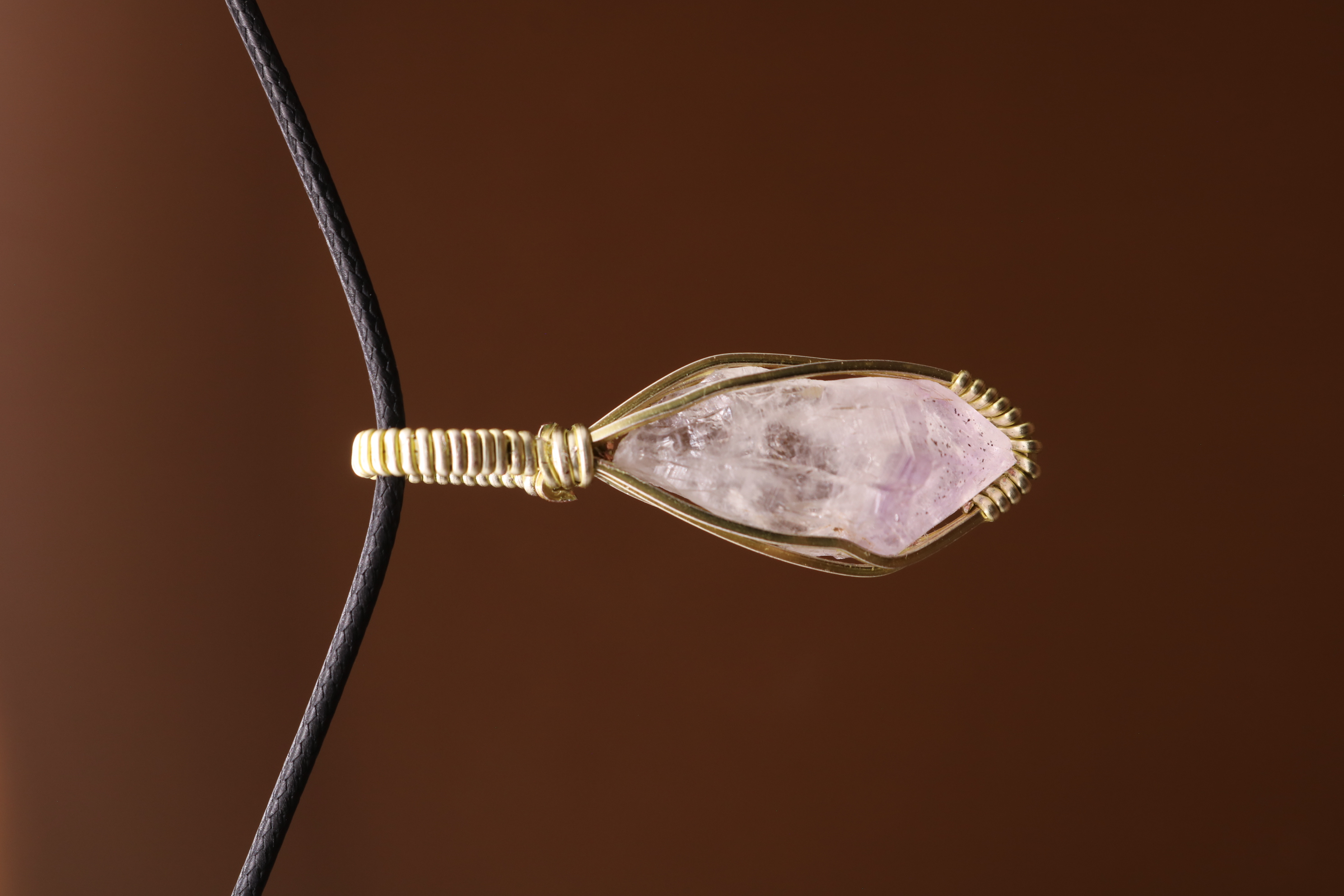 Gold Wire Wrapped Amethyst Crystal Necklace Pendant