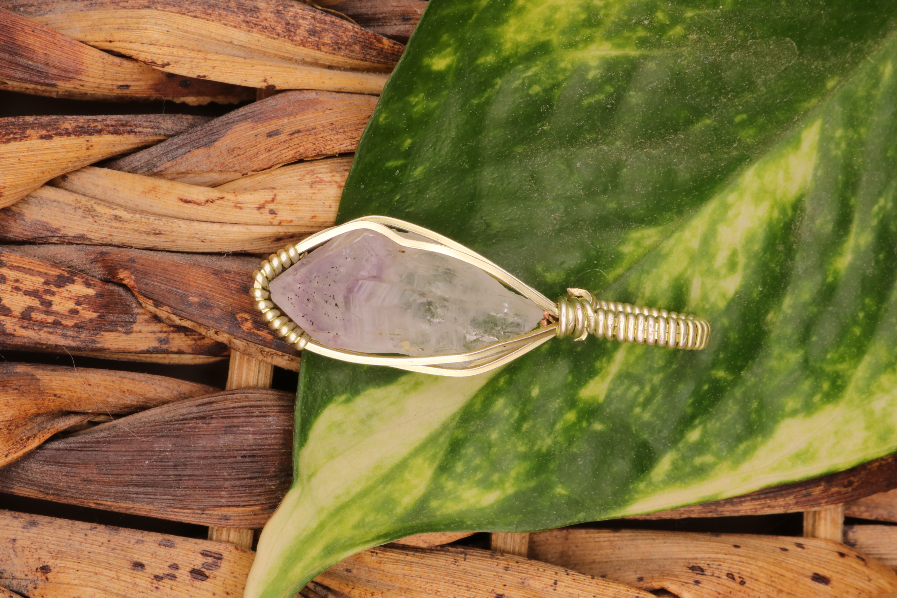 Gold Wire Wrapped Amethyst Crystal Necklace Pendant