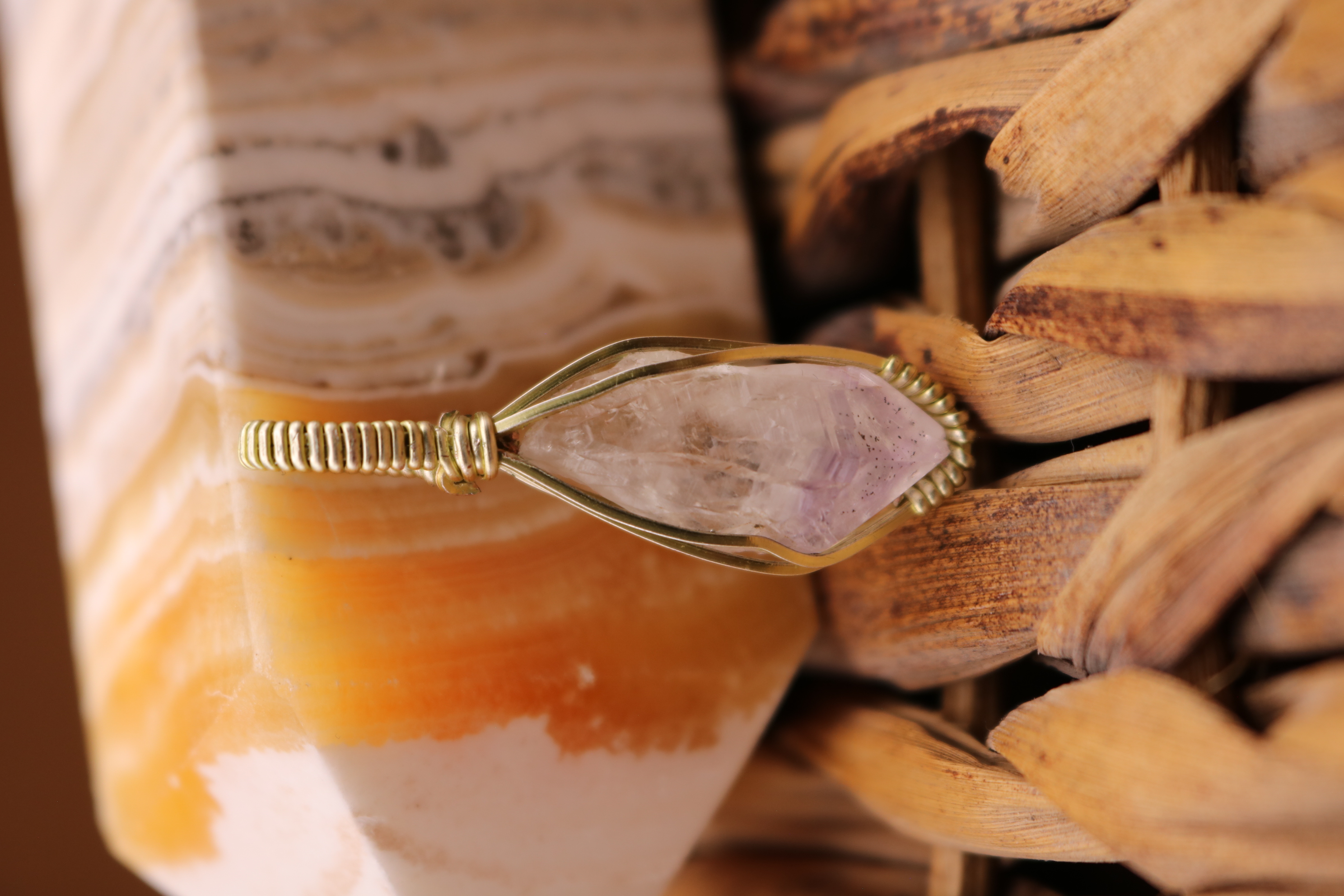 Gold Wire Wrapped Amethyst Crystal Necklace Pendant