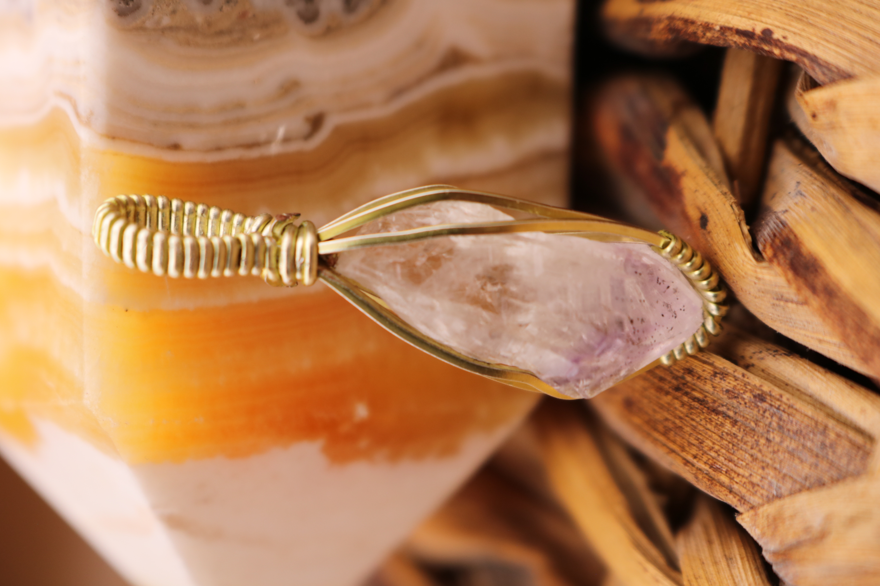 Gold Wire Wrapped Amethyst Crystal Necklace Pendant