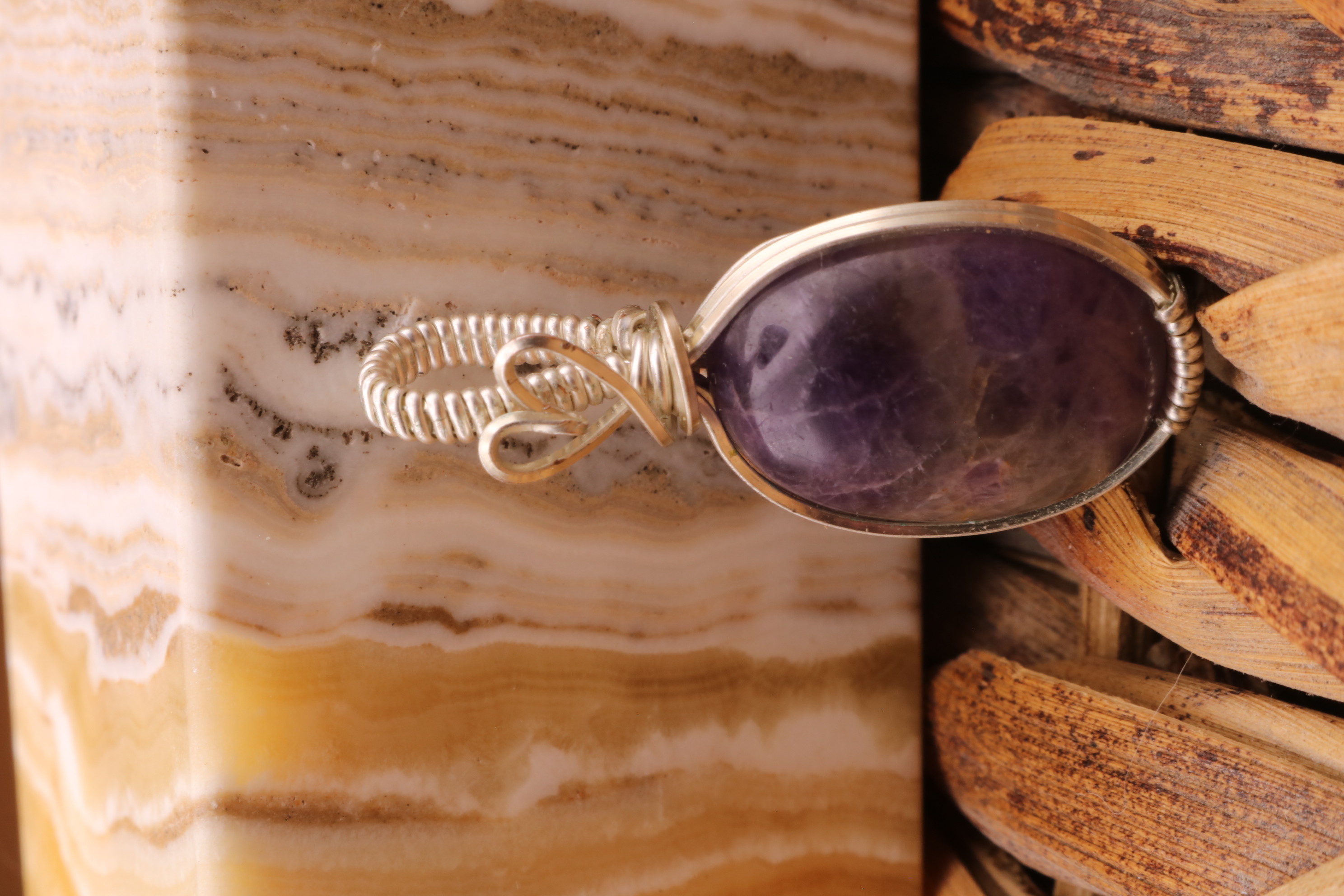 Silver Wire Wrapped Amethyst Crystal with Heart Necklace Pendant