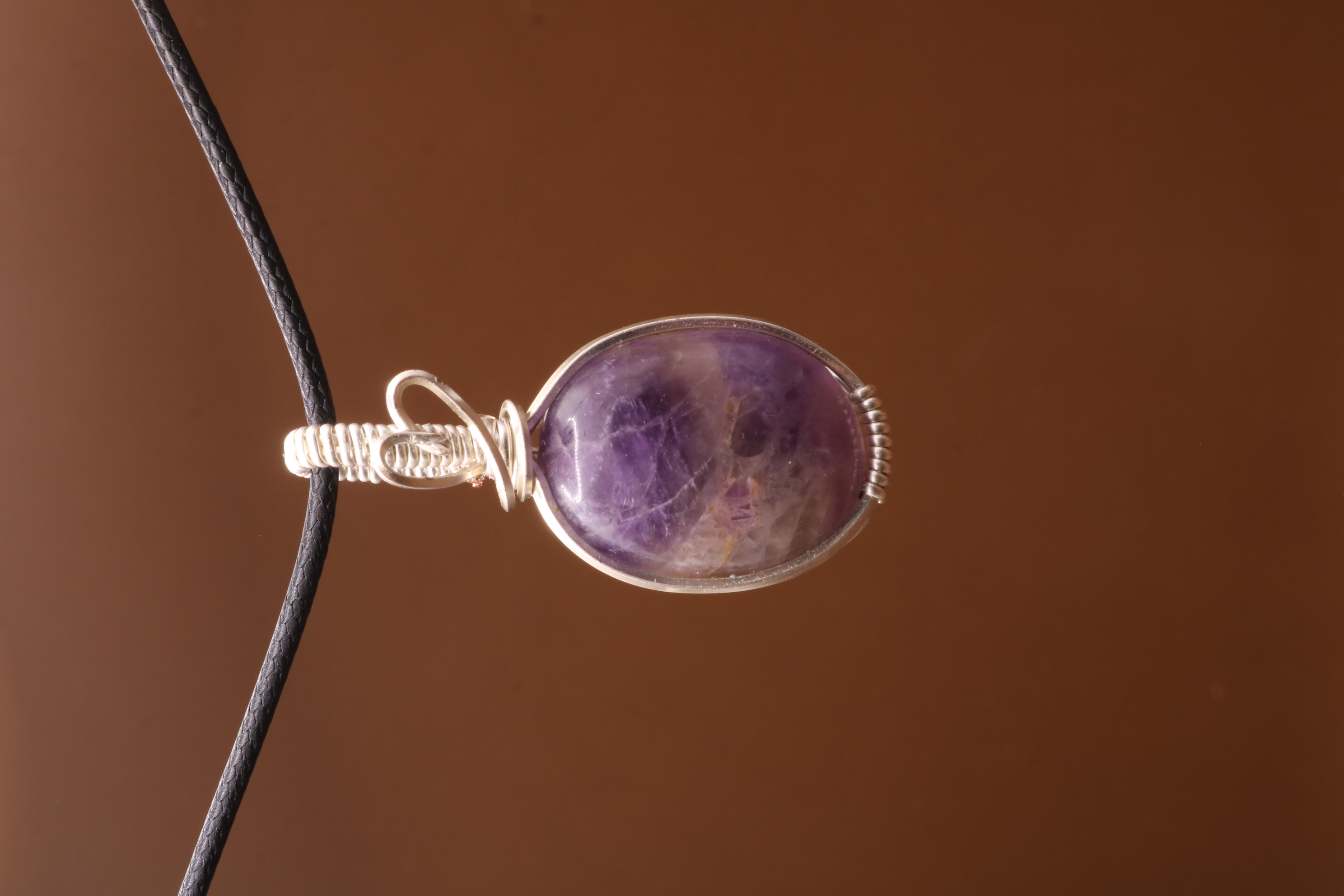 Silver Wire Wrapped Amethyst Crystal with Heart Necklace Pendant