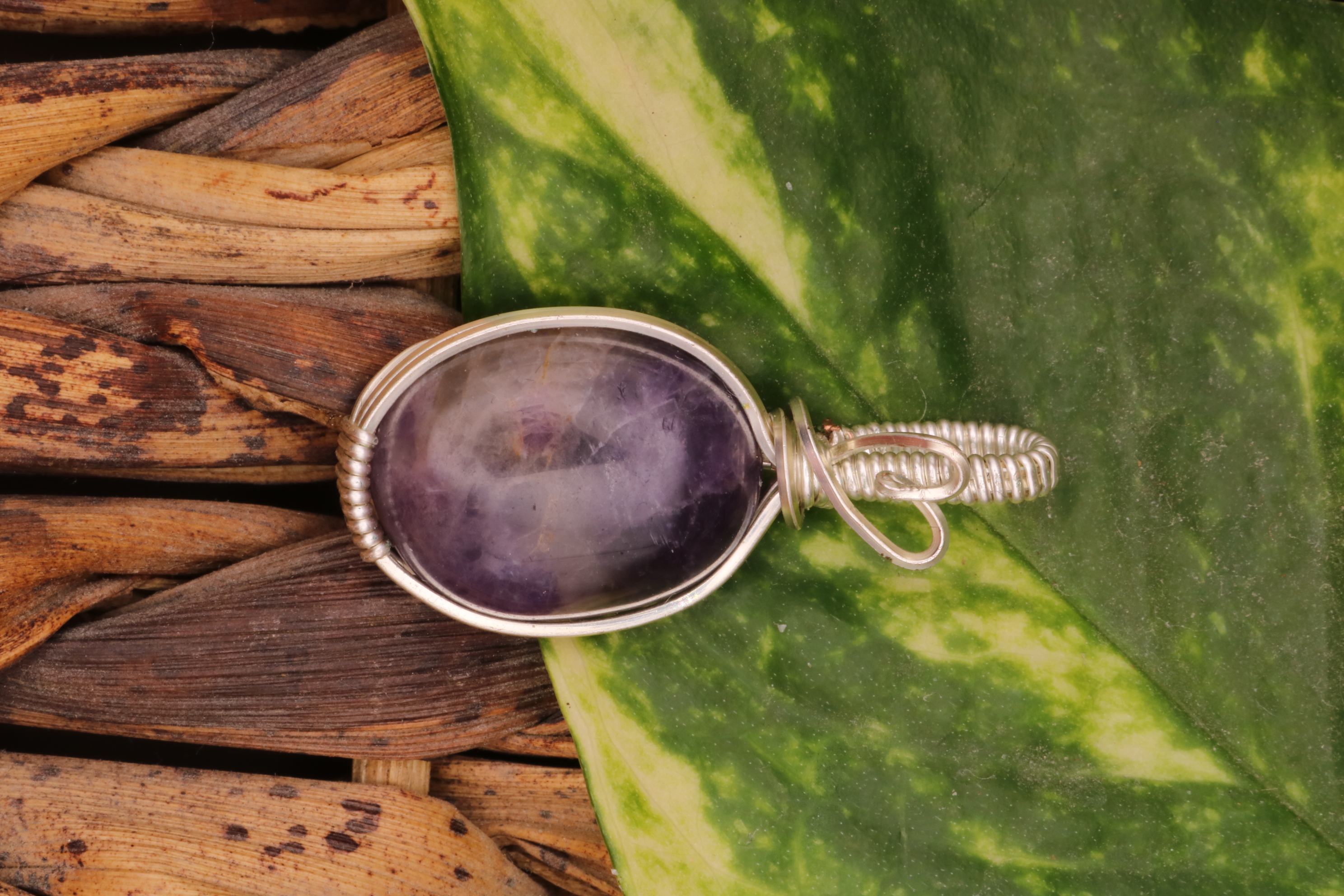 Silver Wire Wrapped Amethyst Crystal with Heart Necklace Pendant