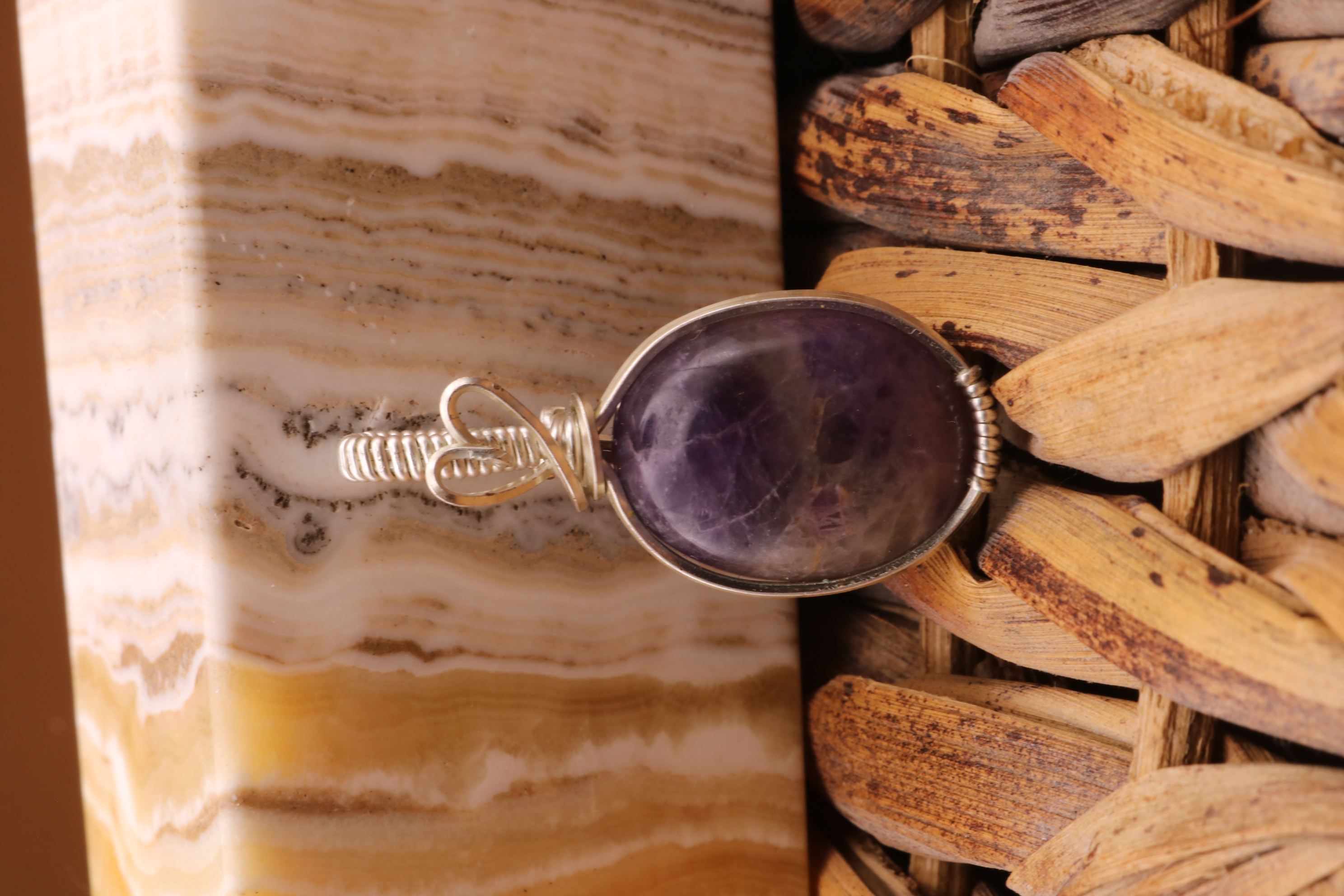 Silver Wire Wrapped Amethyst Crystal with Heart Necklace Pendant