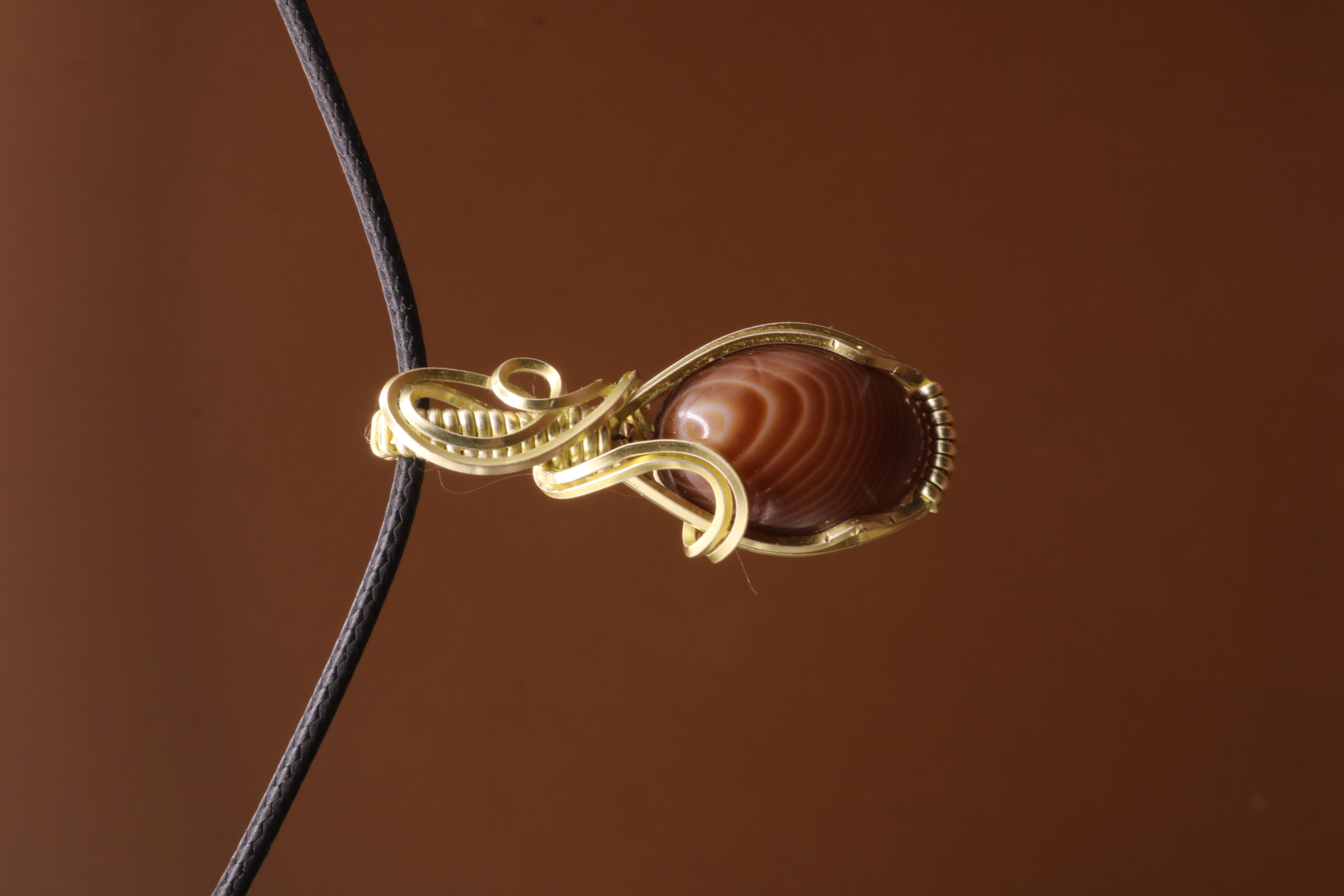 Gold Wire Wrapped Banded Agate Crystal Necklace Pendant