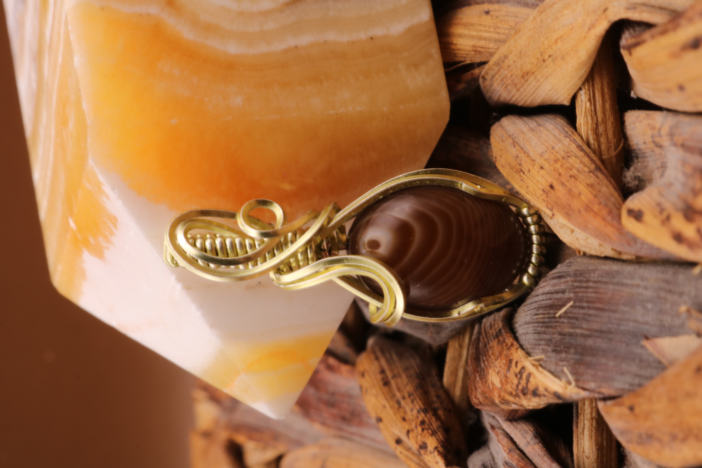 Gold Wire Wrapped Banded Agate Crystal Necklace Pendant