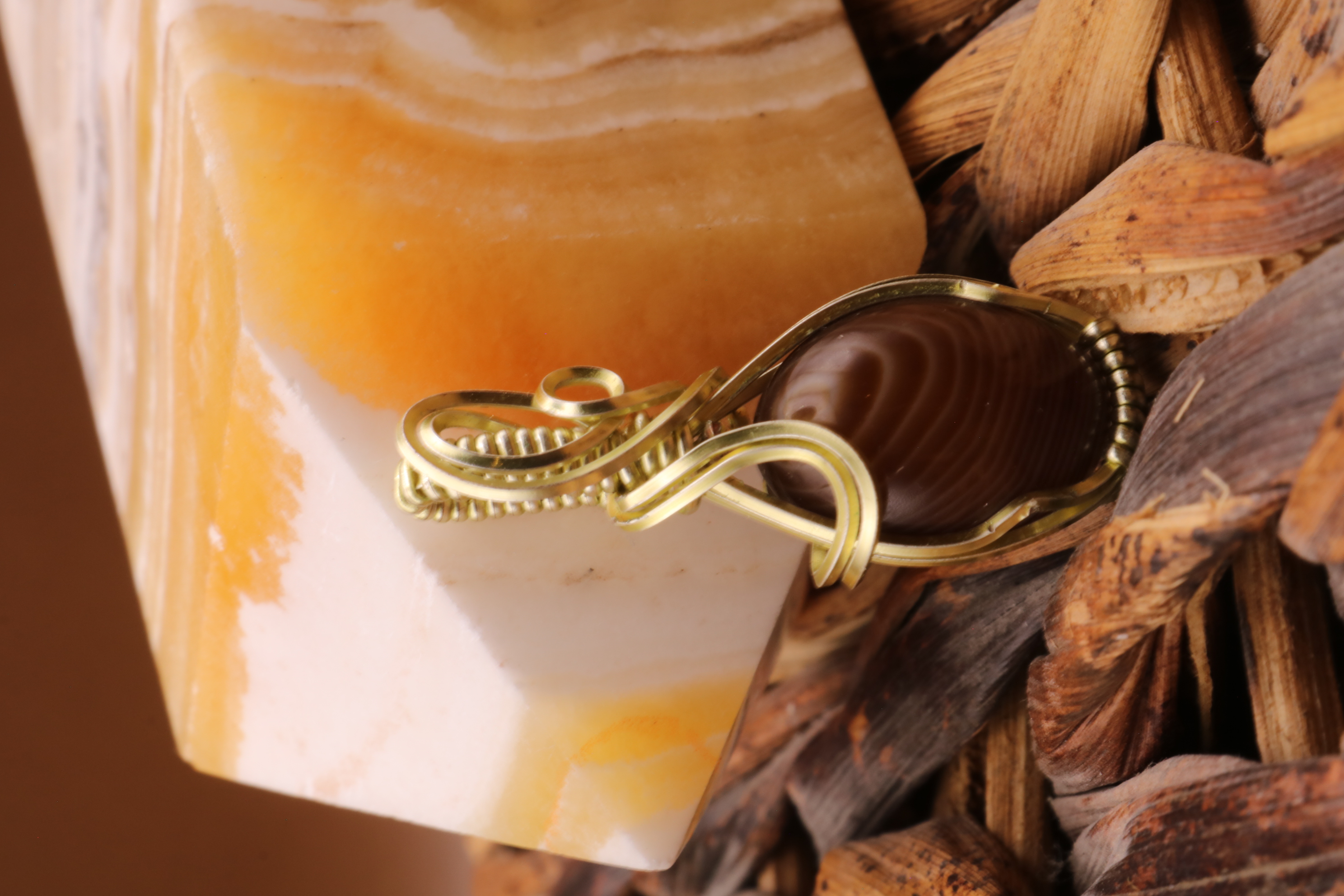 Gold Wire Wrapped Banded Agate Crystal Necklace Pendant