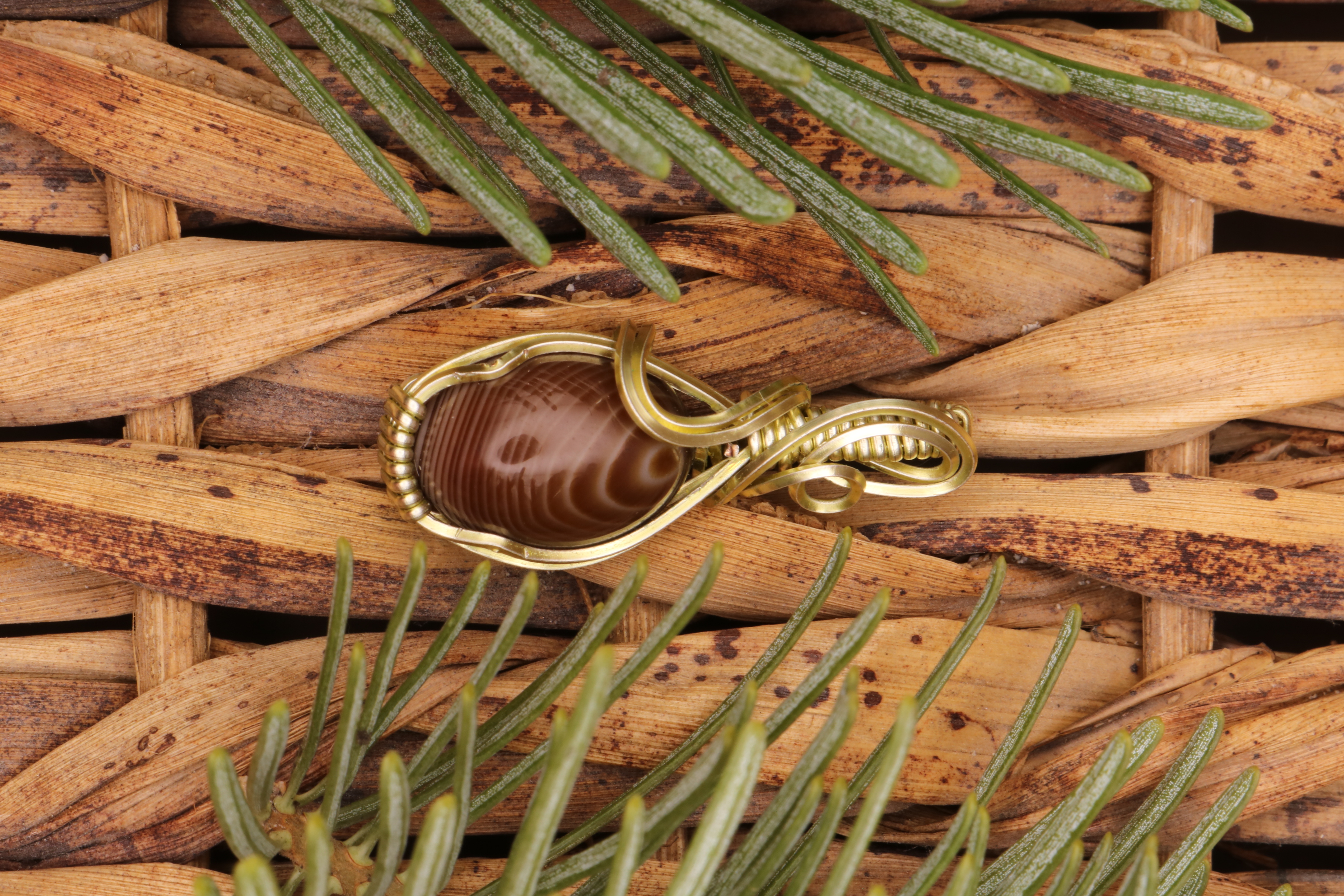 Gold Wire Wrapped Banded Agate Crystal Necklace Pendant