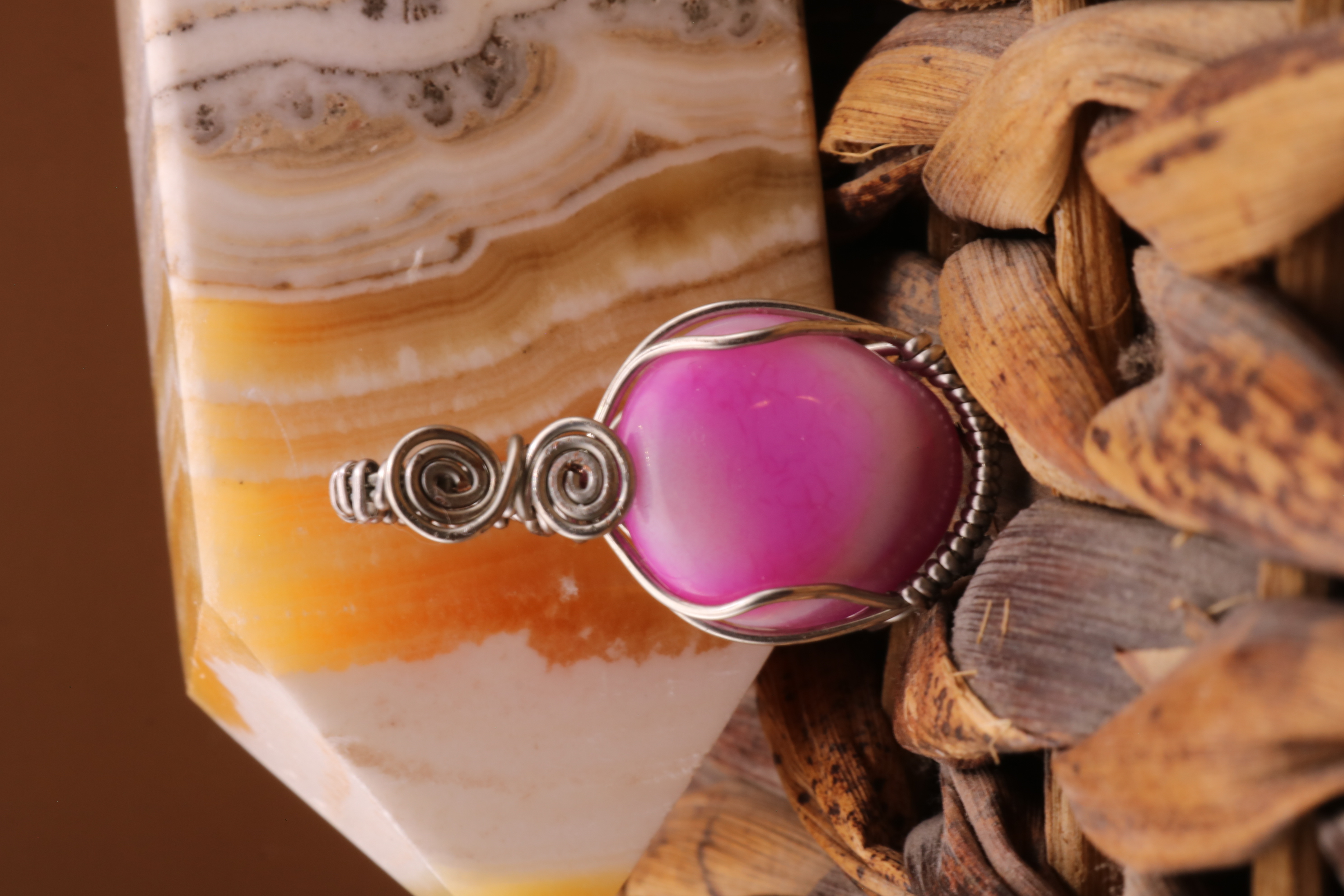 Silver Wire Wrapped Banded Agate Crystal Necklace Pendant
