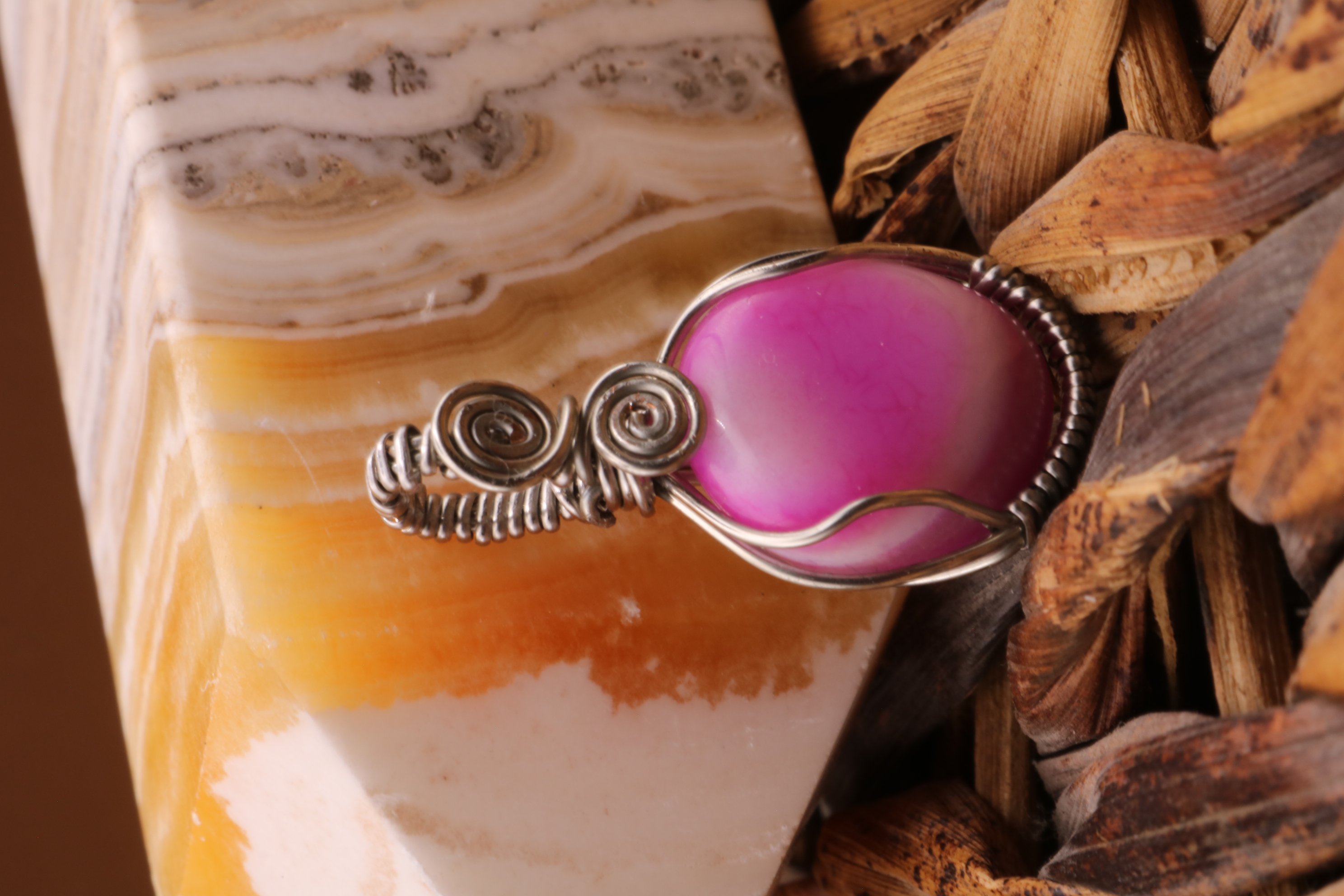 Silver Wire Wrapped Banded Agate Crystal Necklace Pendant