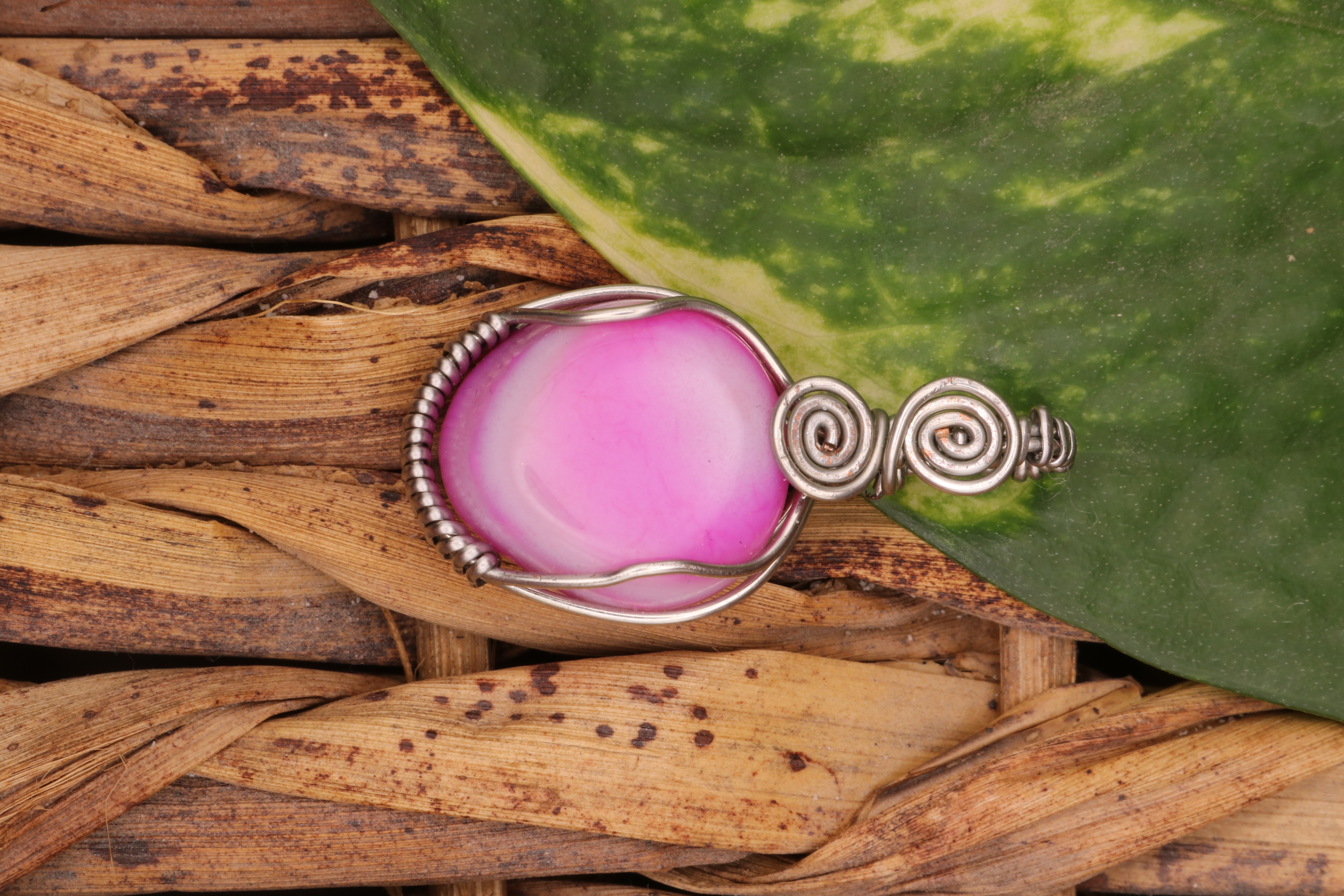 Silver Wire Wrapped Banded Agate Crystal Necklace Pendant