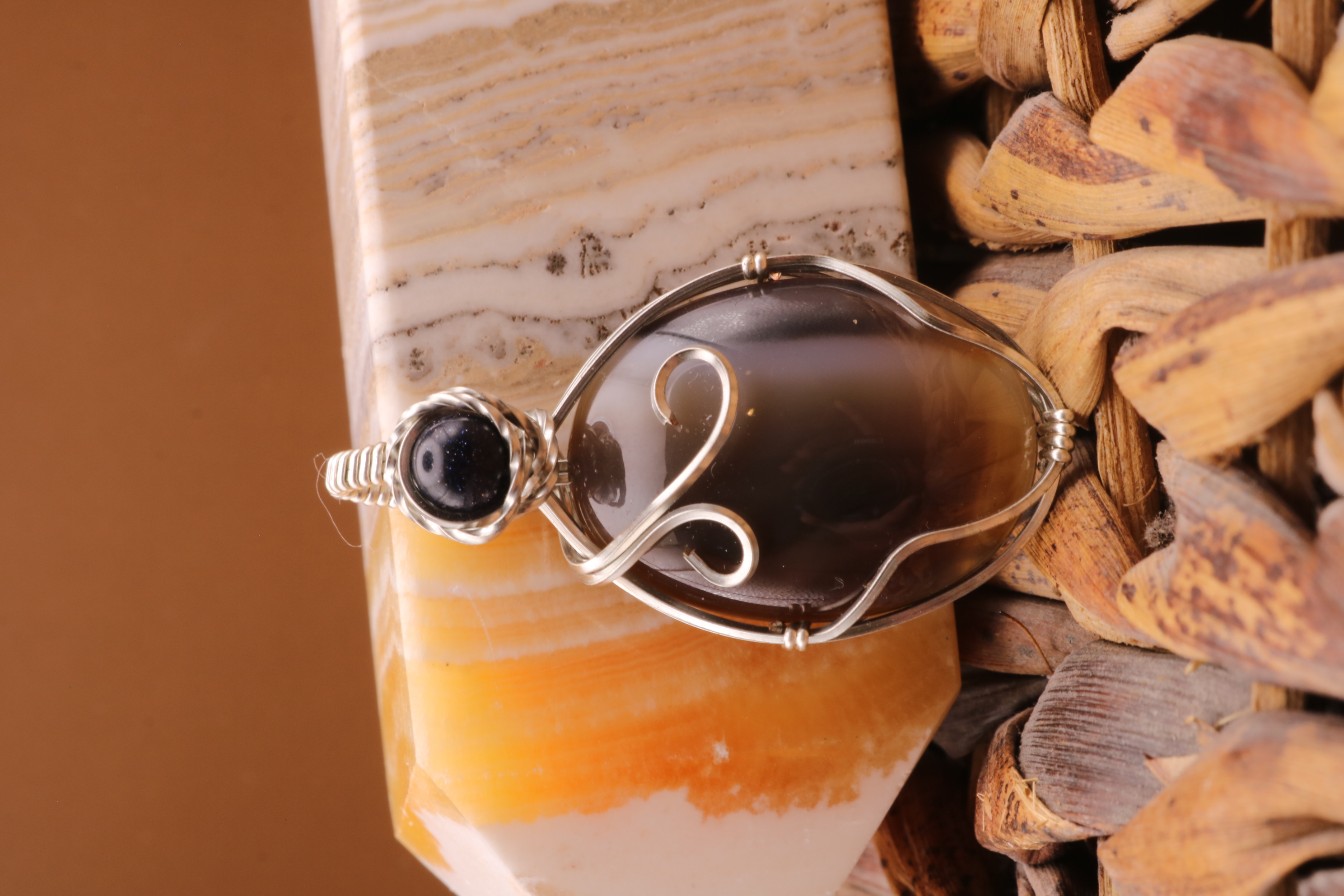 Silver Wire Wrapped Banded Agate and Blue Goldstone Crystal Necklace Pendant