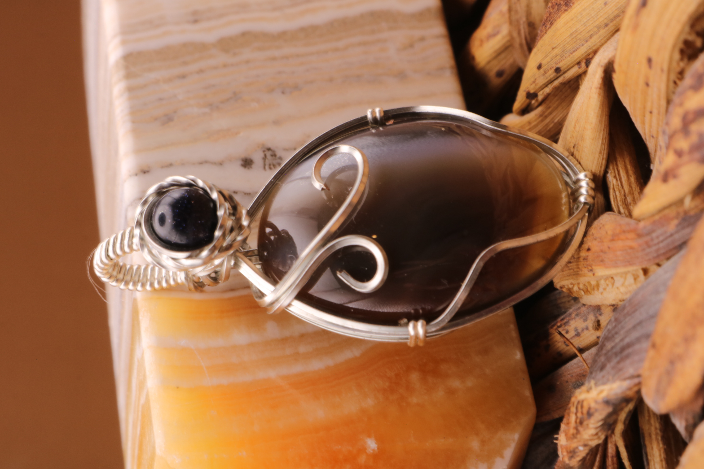Silver Wire Wrapped Banded Agate and Blue Goldstone Crystal Necklace Pendant