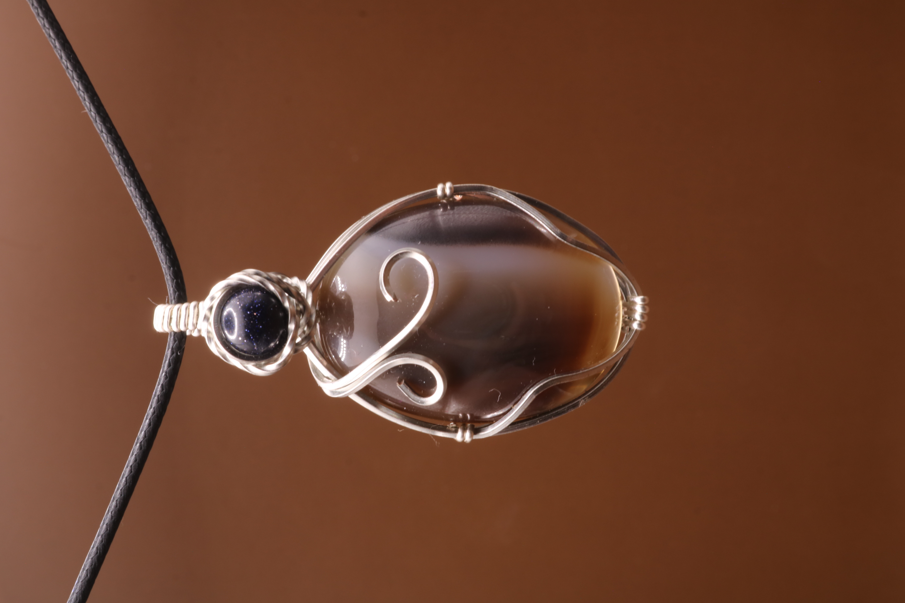 Silver Wire Wrapped Banded Agate and Blue Goldstone Crystal Necklace Pendant