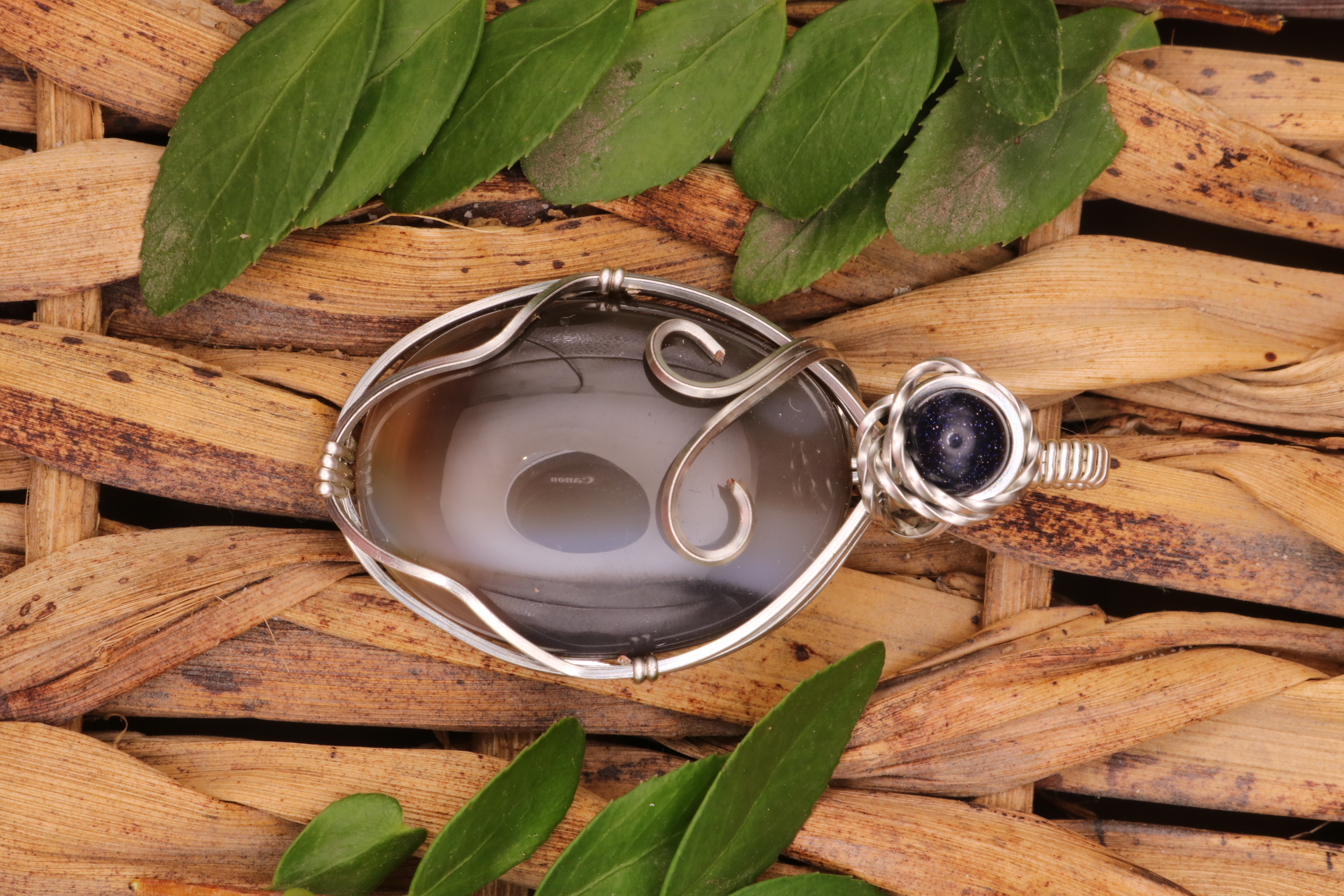 Silver Wire Wrapped Banded Agate and Blue Goldstone Crystal Necklace Pendant
