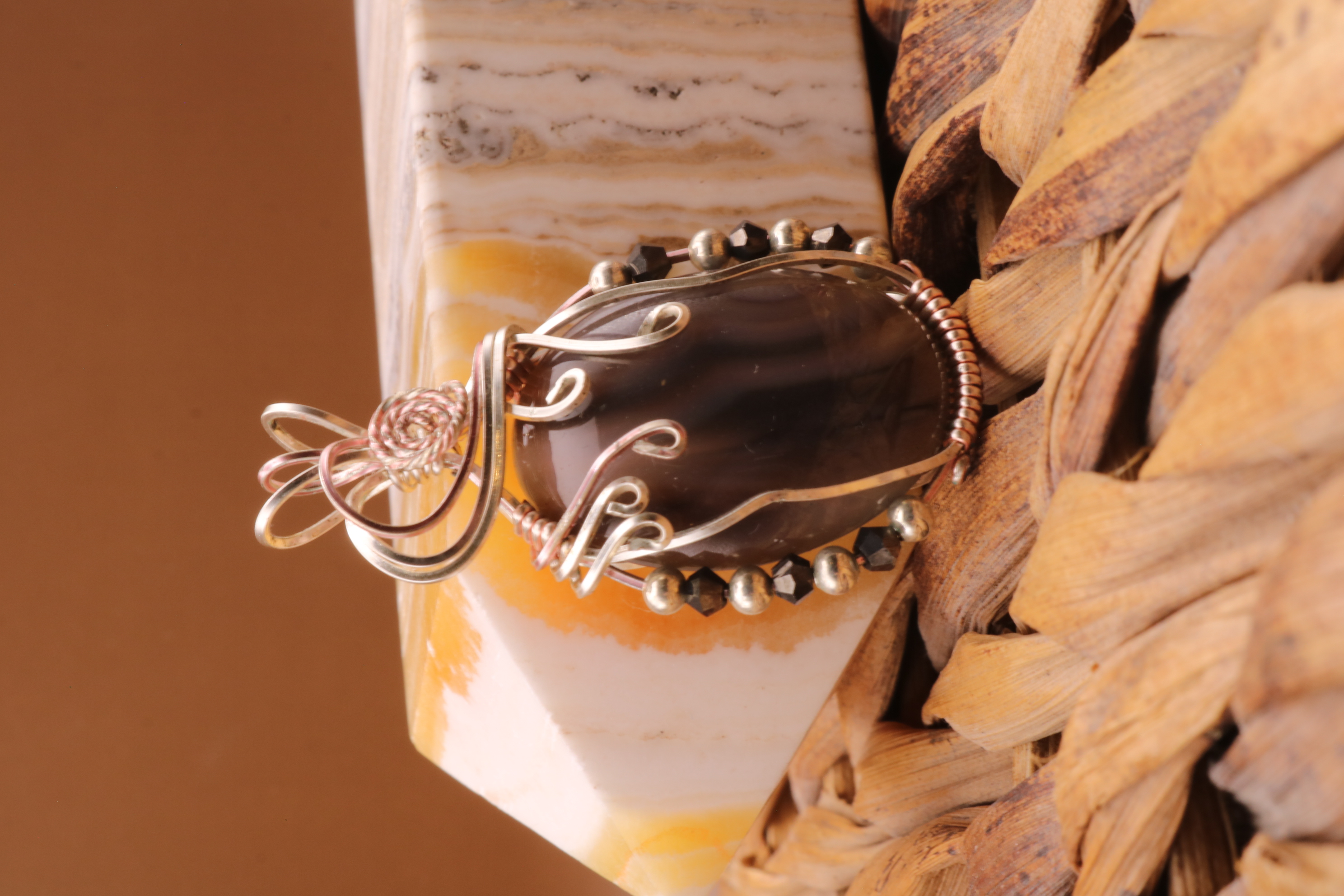 Silver and Rose Gold Wire Wrapped Banded Agate Crystal Necklace Pendant