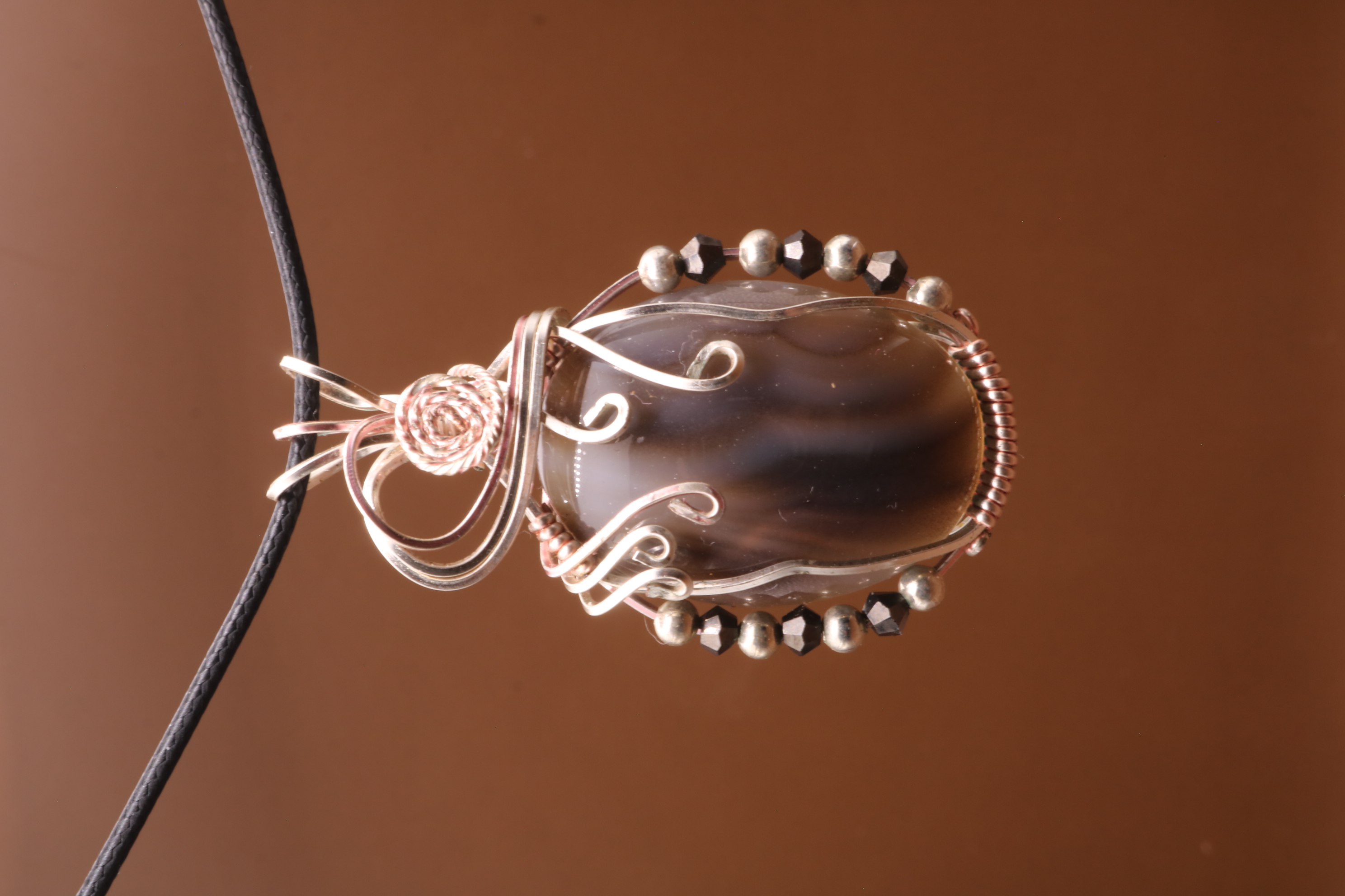 Silver and Rose Gold Wire Wrapped Banded Agate Crystal Necklace Pendant