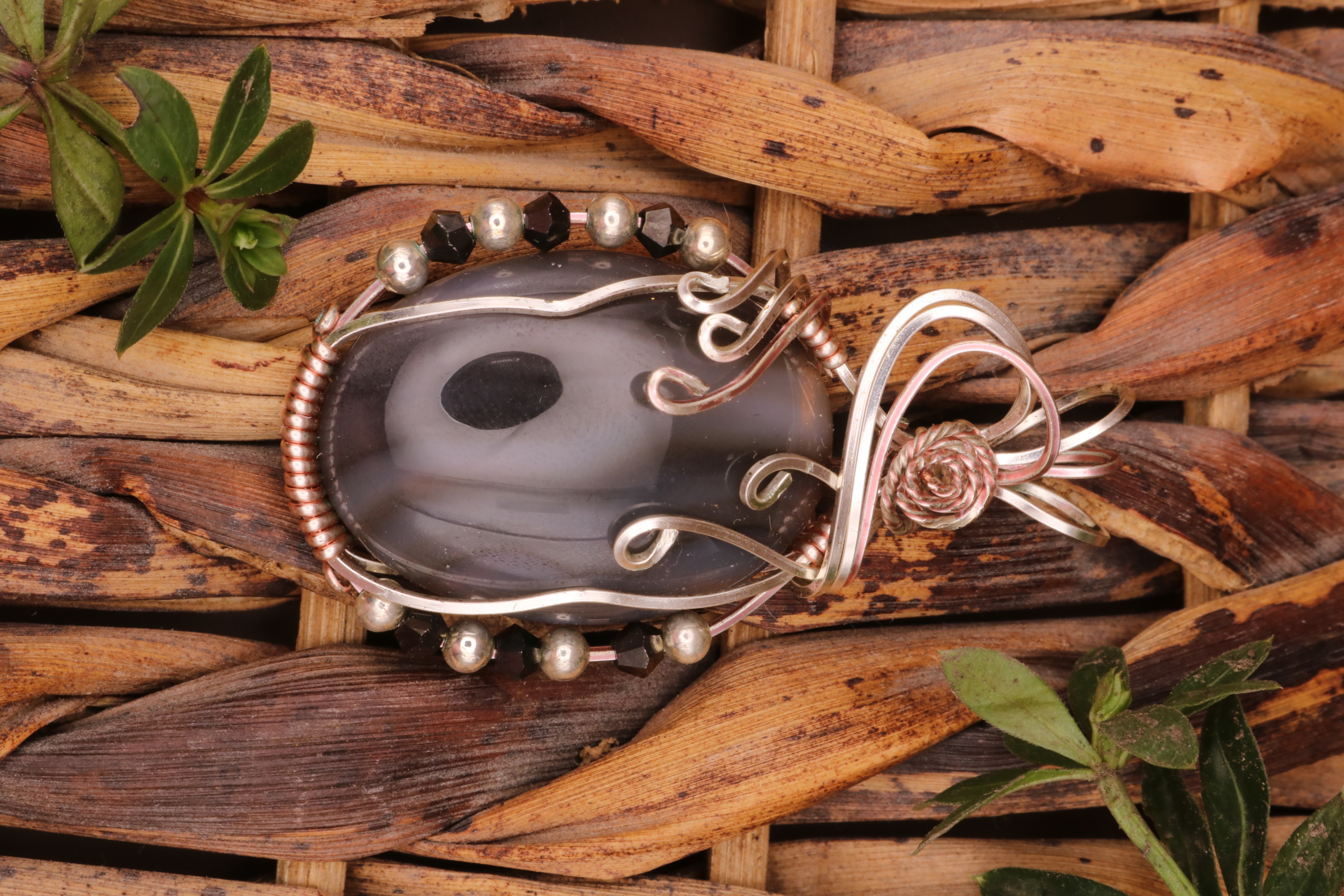 Silver and Rose Gold Wire Wrapped Banded Agate Crystal Necklace Pendant