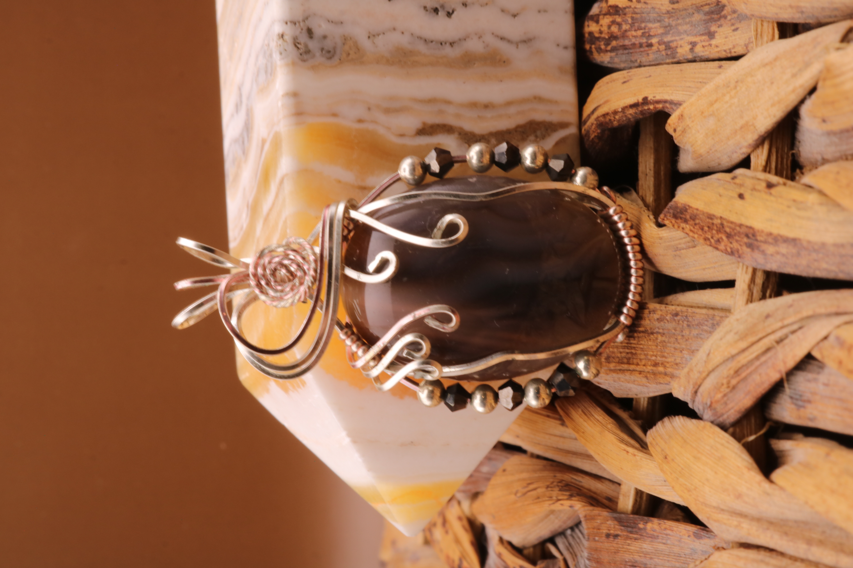 Silver and Rose Gold Wire Wrapped Banded Agate Crystal Necklace Pendant