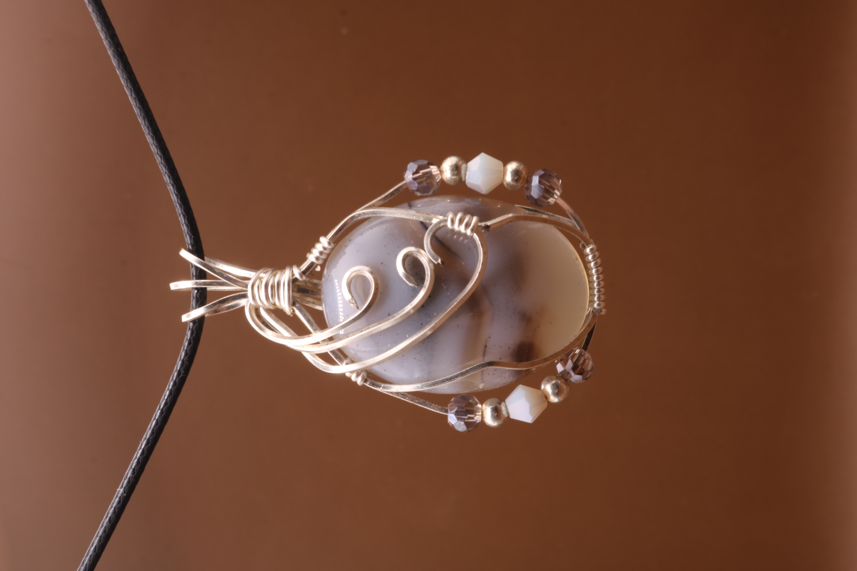 Silver Wire Wrapped Banded Agate Crystal Necklace Pendant