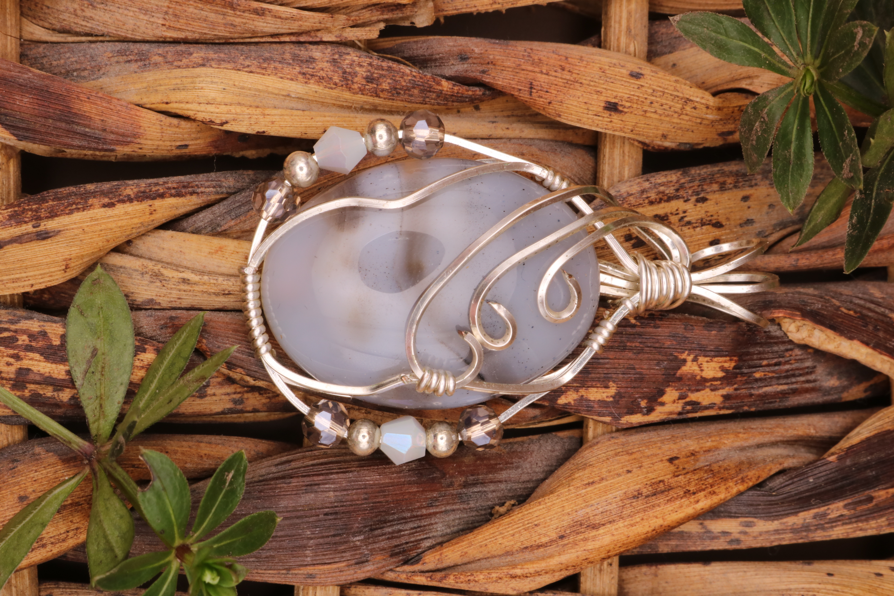 Silver Wire Wrapped Banded Agate Crystal Necklace Pendant