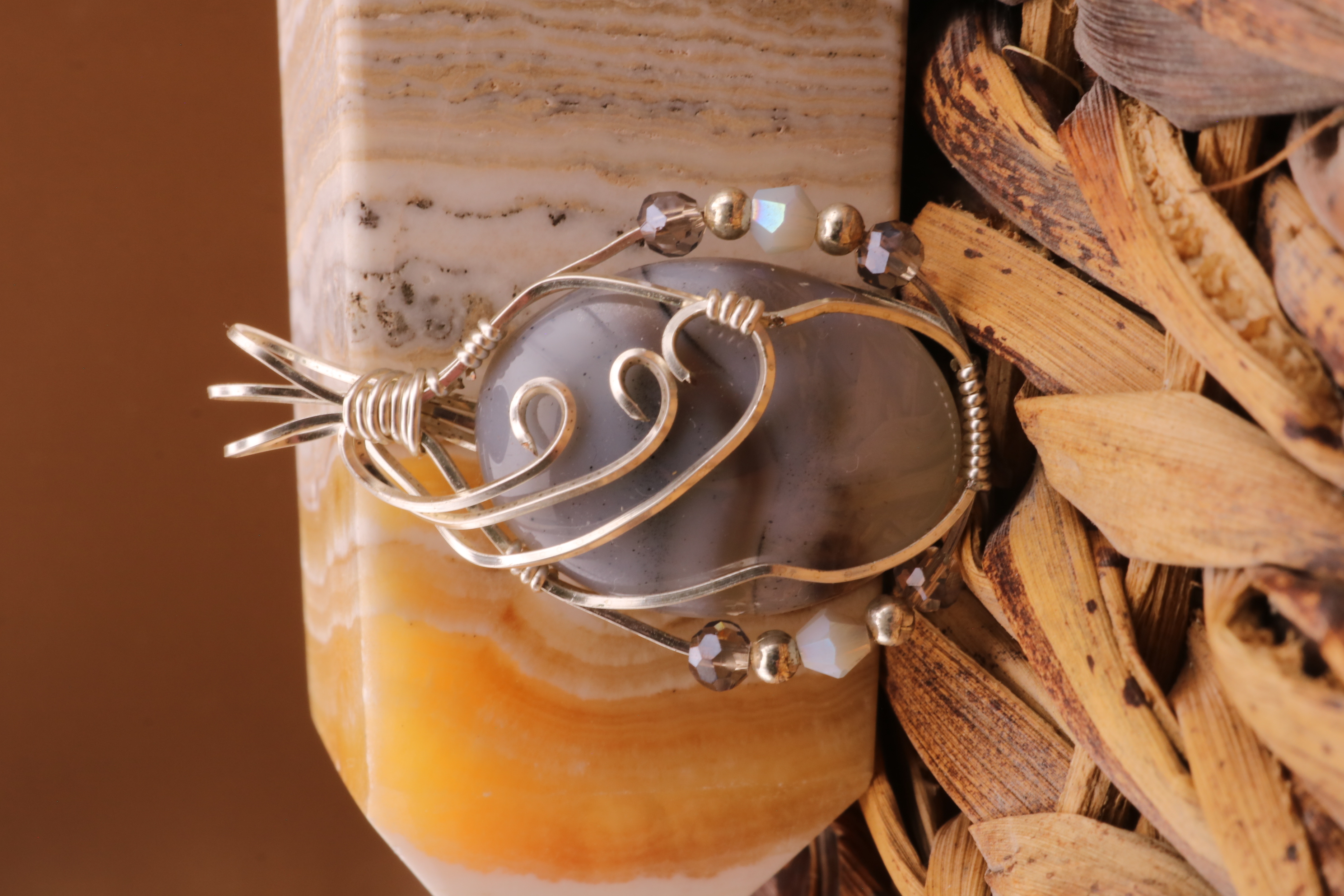 Silver Wire Wrapped Banded Agate Crystal Necklace Pendant